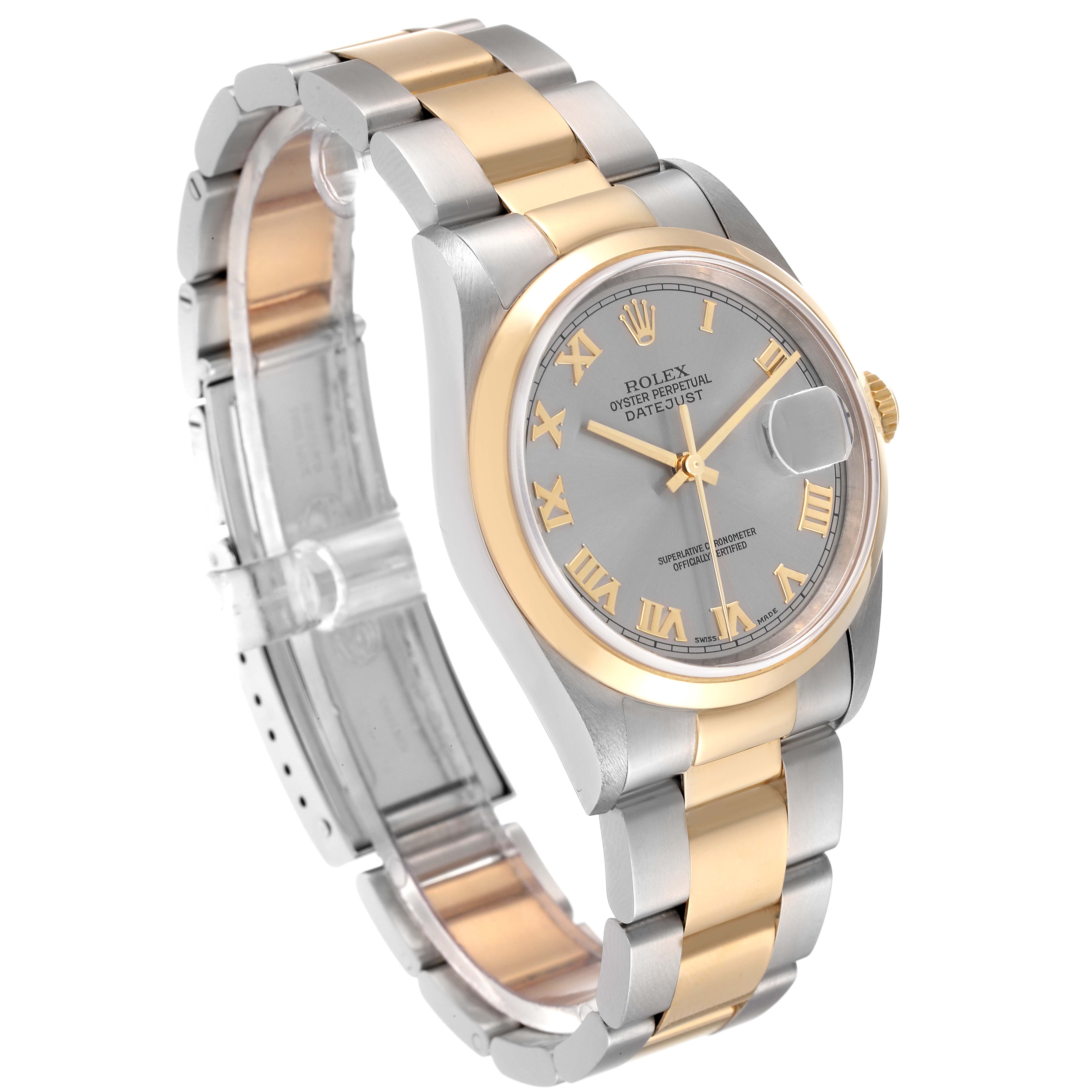 The image shows a Rolex Datejust 16203 Men's Steel and Gold (two tone) Grey Dial 16203 Men's Steel and Gold (two tone) Grey Dial watch at a side angle, highlighting its two-tone metal bracelet and dial.