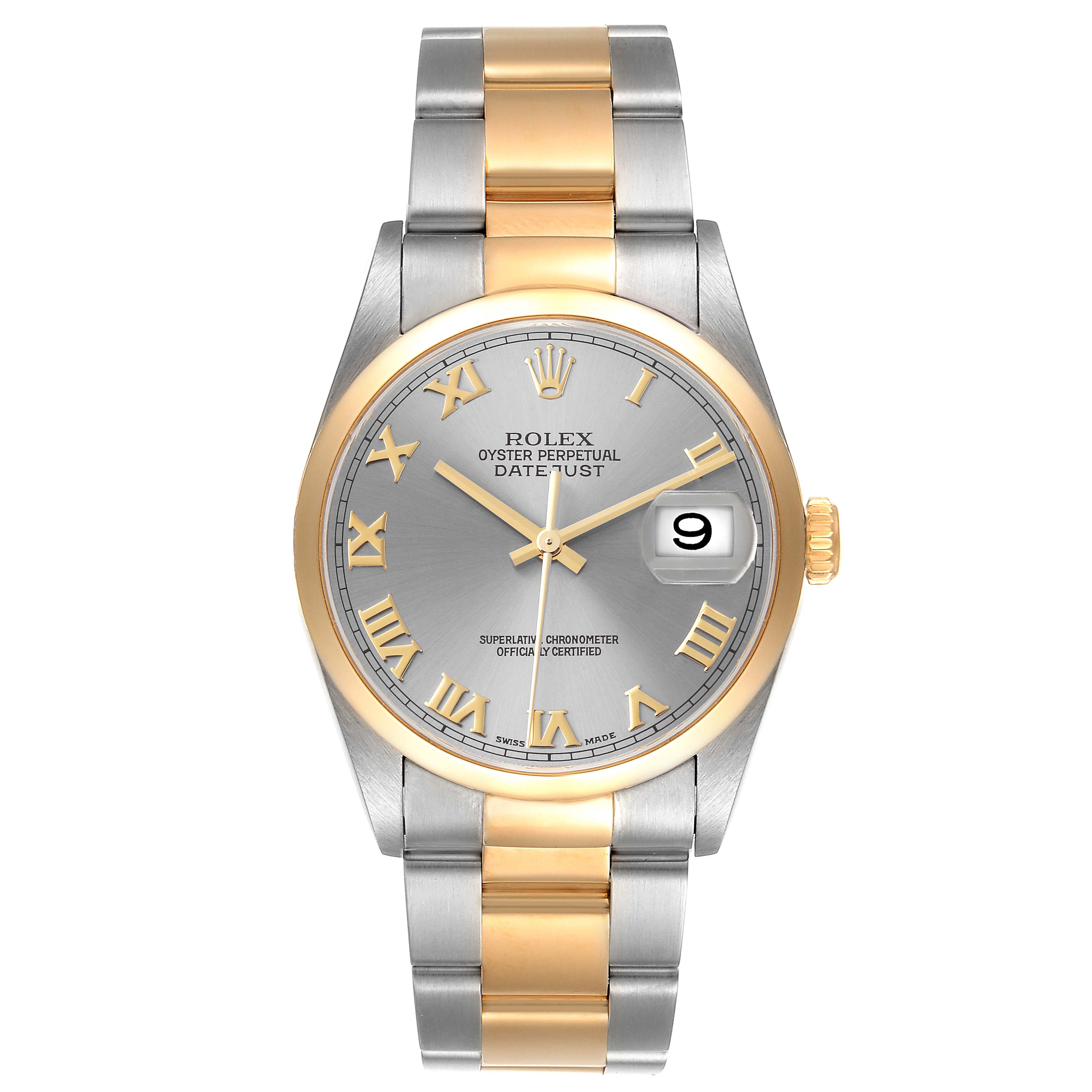 This image shows a front view of the Rolex Datejust 16203 Men's Steel and Gold (two tone) Grey Dial 16203 Men's Steel and Gold (two tone) Grey Dial, featuring a two-tone bracelet and a gray dial with gold Roman numerals.