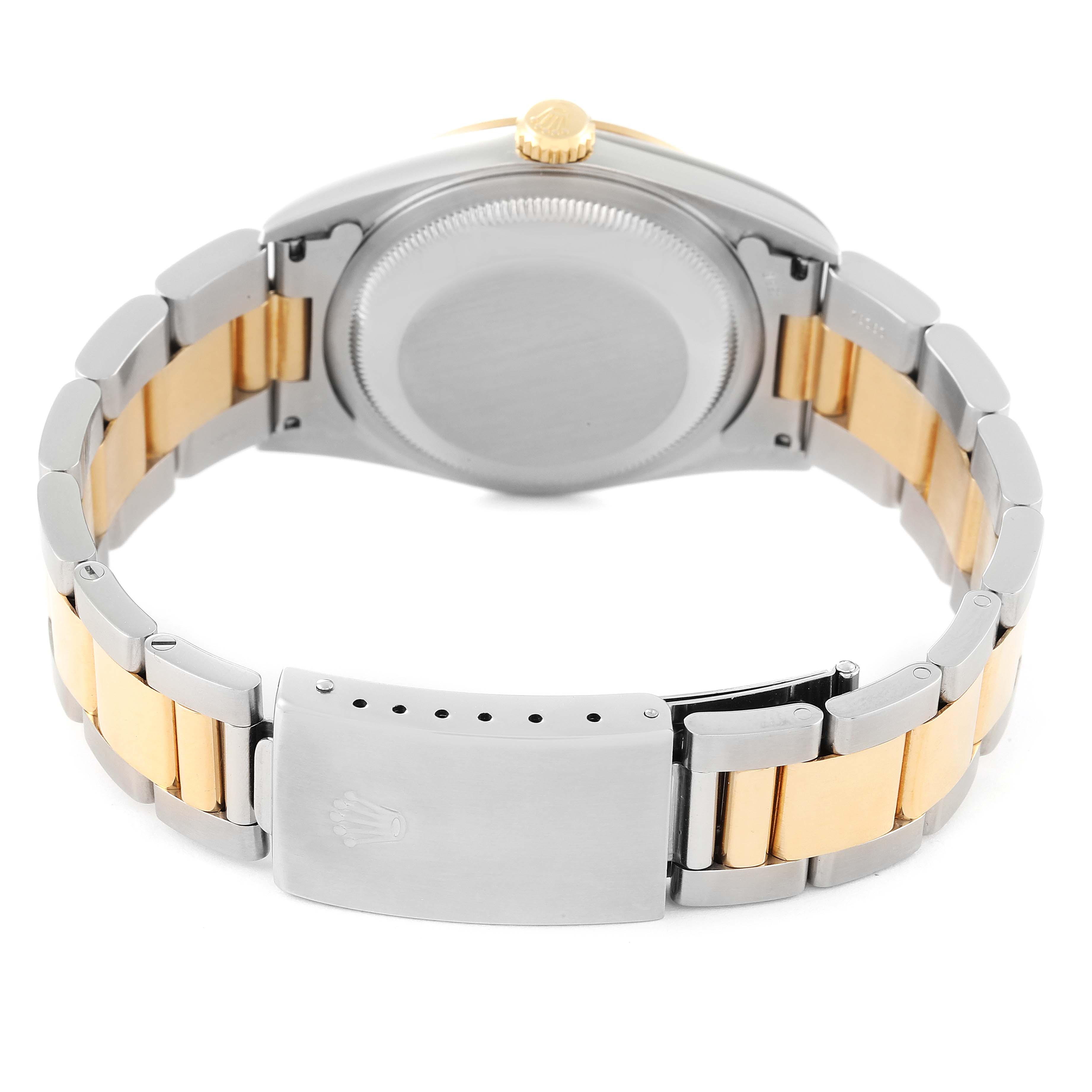 This image shows the back side of a Rolex Datejust 16203 Men's Steel and Gold (two tone) Grey Dial 16203 Men's Steel and Gold (two tone) Grey Dial watch, highlighting its two-tone bracelet and clasp.