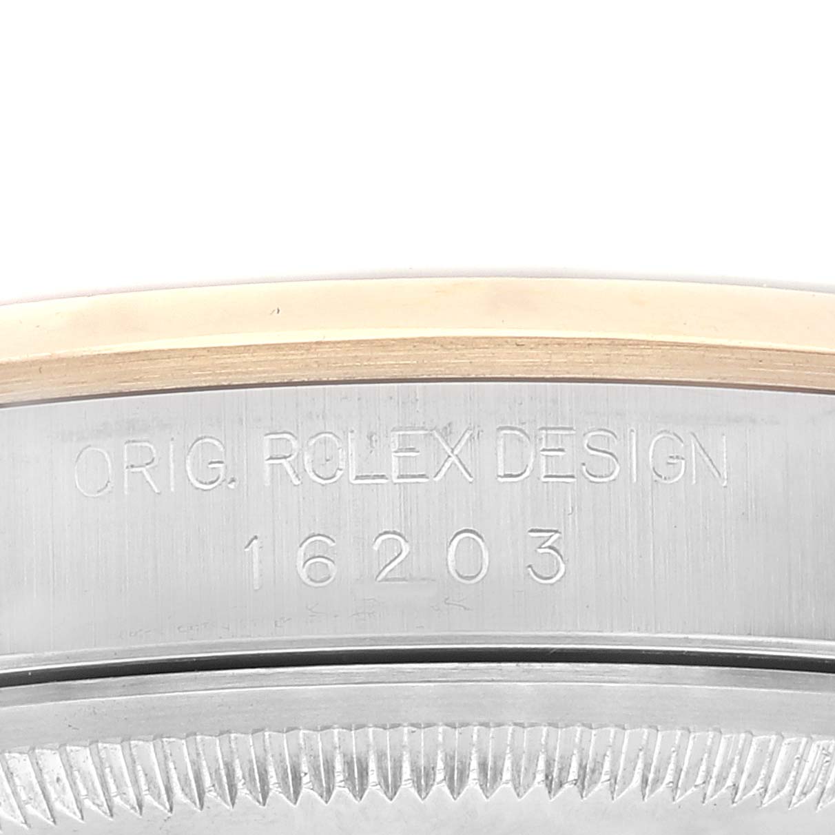 The image shows a close-up angle of the side of a Rolex Datejust 16203 Men's Steel and Gold (two tone) Grey Dial 16203 Men's Steel and Gold (two tone) Grey Dial watch case, highlighting the model number 16203 and "Orig. Rolex Design" engraving.