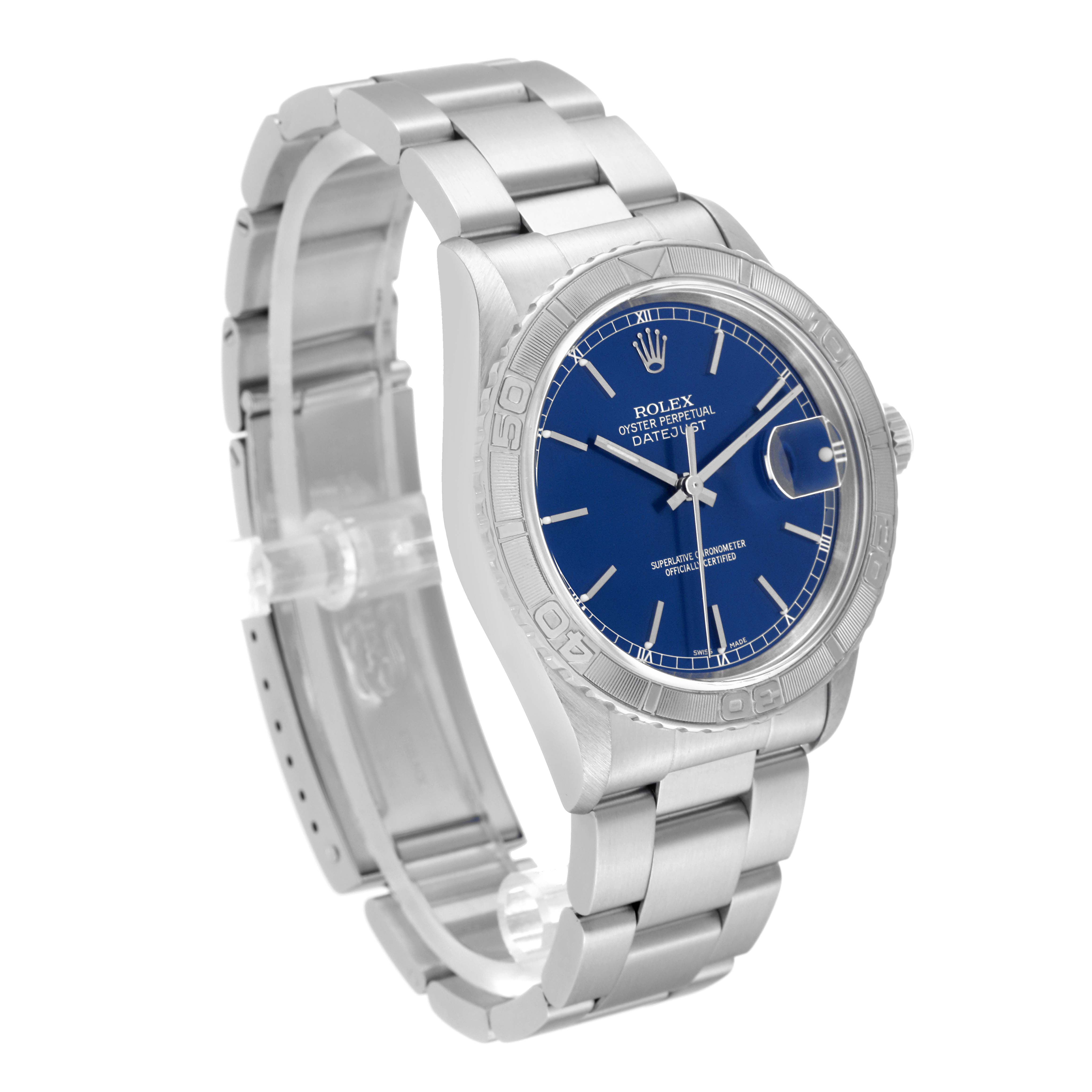 The Rolex Turn-o-Graph 16264 Men
s Stainless Steel Blue Dial 16264 Men
s Stainless Steel Blue Dial watch is shown at an angle, displaying its blue dial, silver bezel, and stainless steel bracelet.