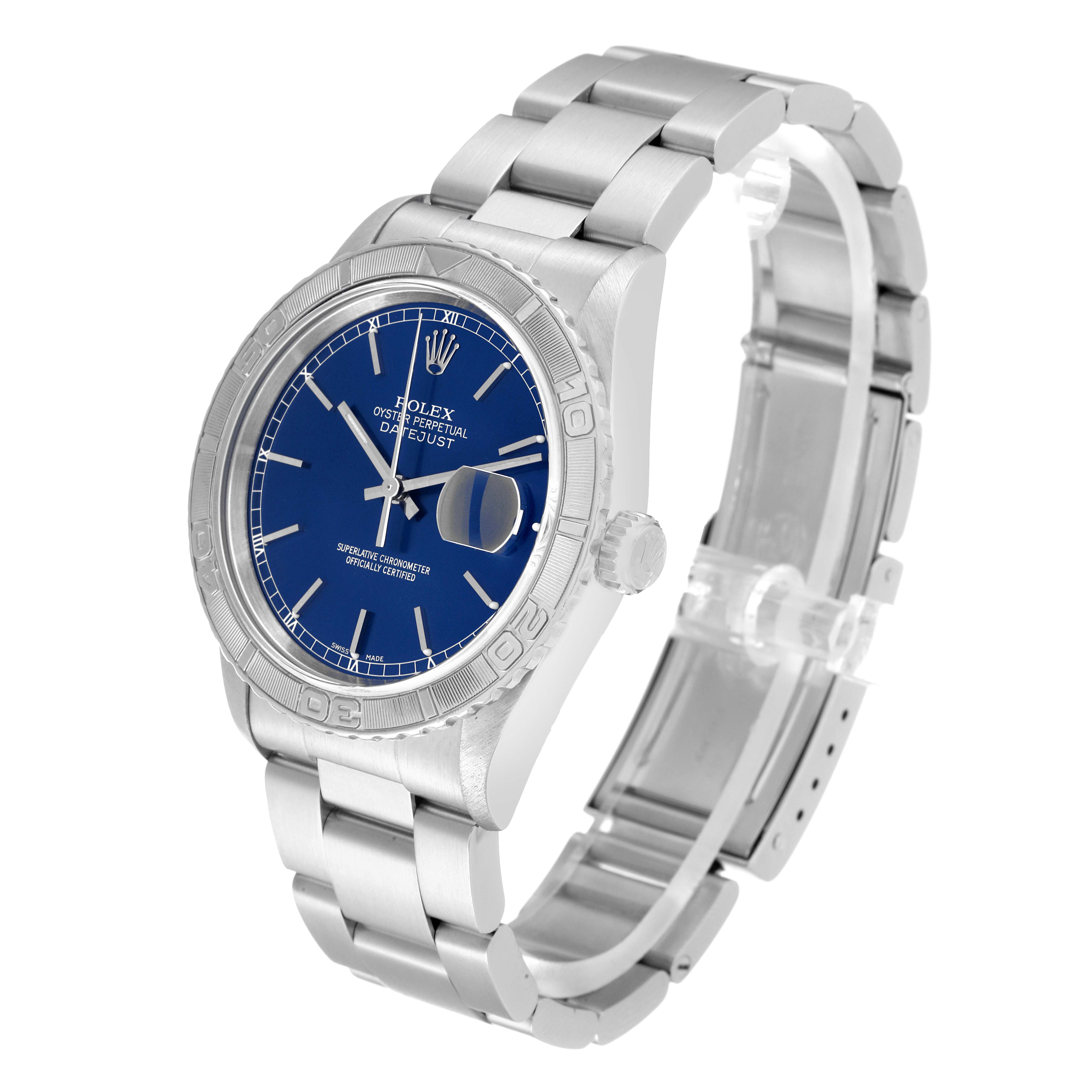 The Rolex Turn-o-Graph 16264 Men
s Stainless Steel Blue Dial 16264 Men
s Stainless Steel Blue Dial watch is shown at a three-quarter angle, highlighting its bracelet, bezel, dial, and crown.