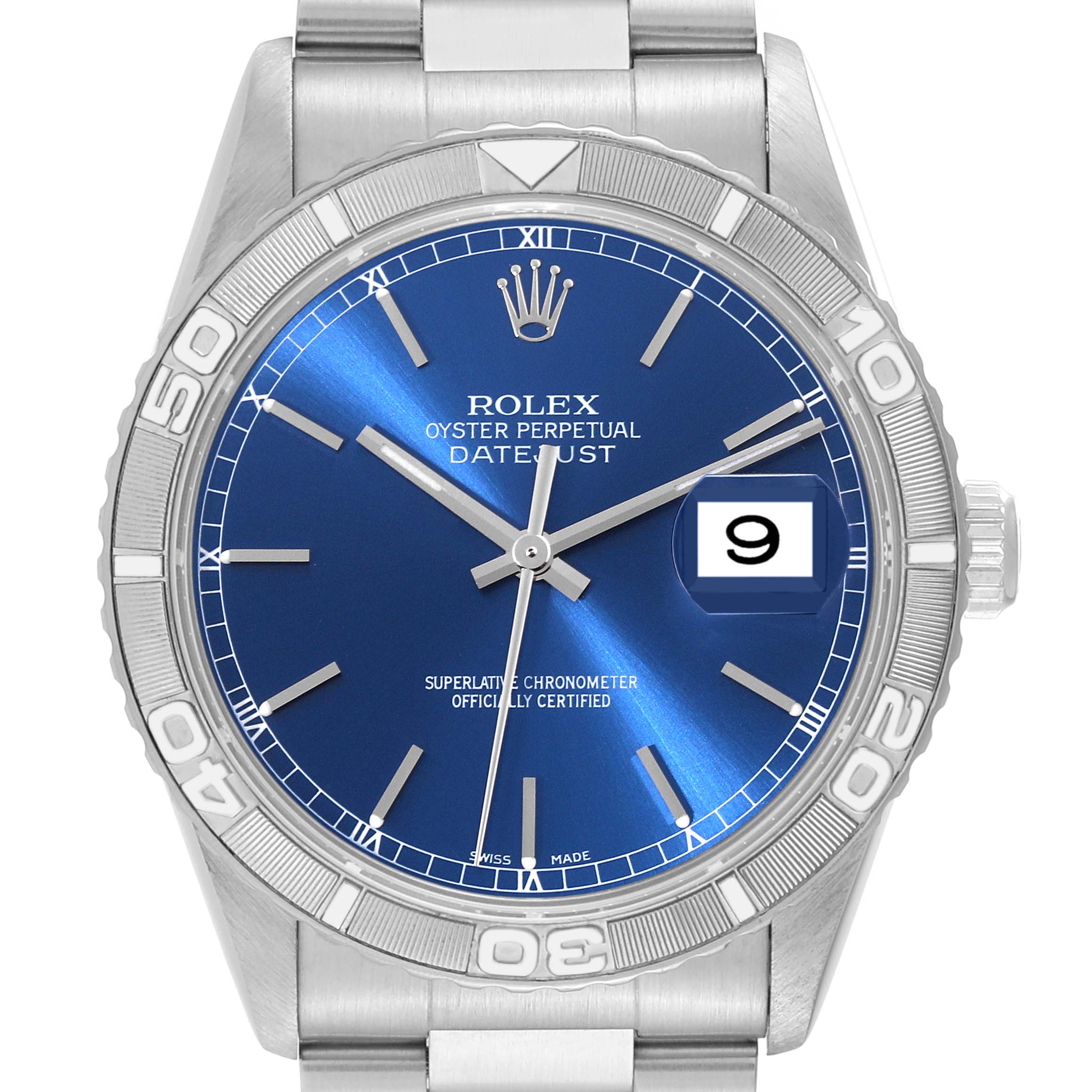 This image shows a frontal view of the Rolex Turn-o-Graph 16264 Men
s Stainless Steel Blue Dial 16264 Men
s Stainless Steel Blue Dial Datejust watch, highlighting its blue dial, rotating bezel, and stainless steel bracelet.