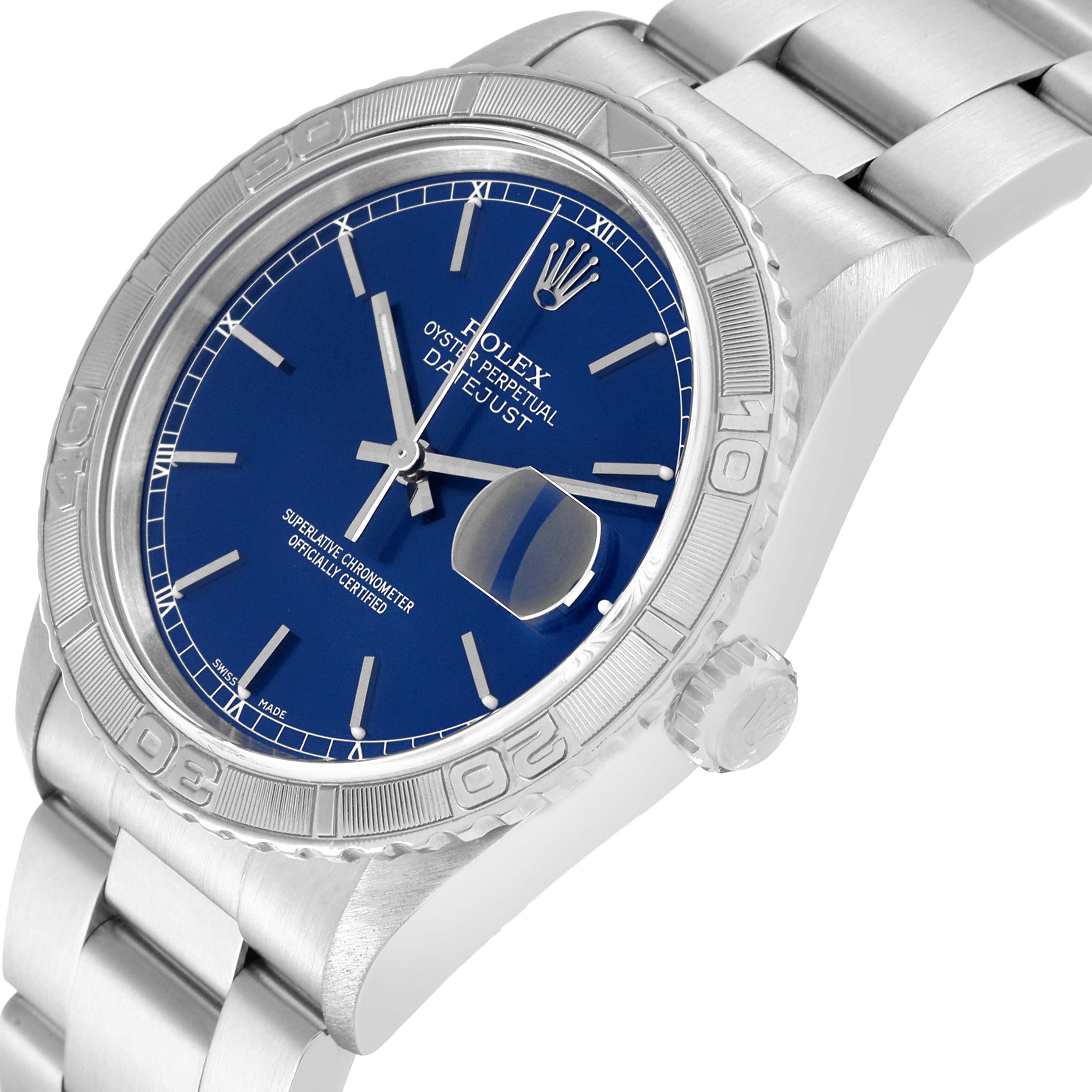 This image shows a Rolex Turn-o-Graph 16264 Men
s Stainless Steel Blue Dial 16264 Men
s Stainless Steel Blue Dial watch at a three-quarter angle, showcasing the blue dial, bezel, and stainless steel bracelet.