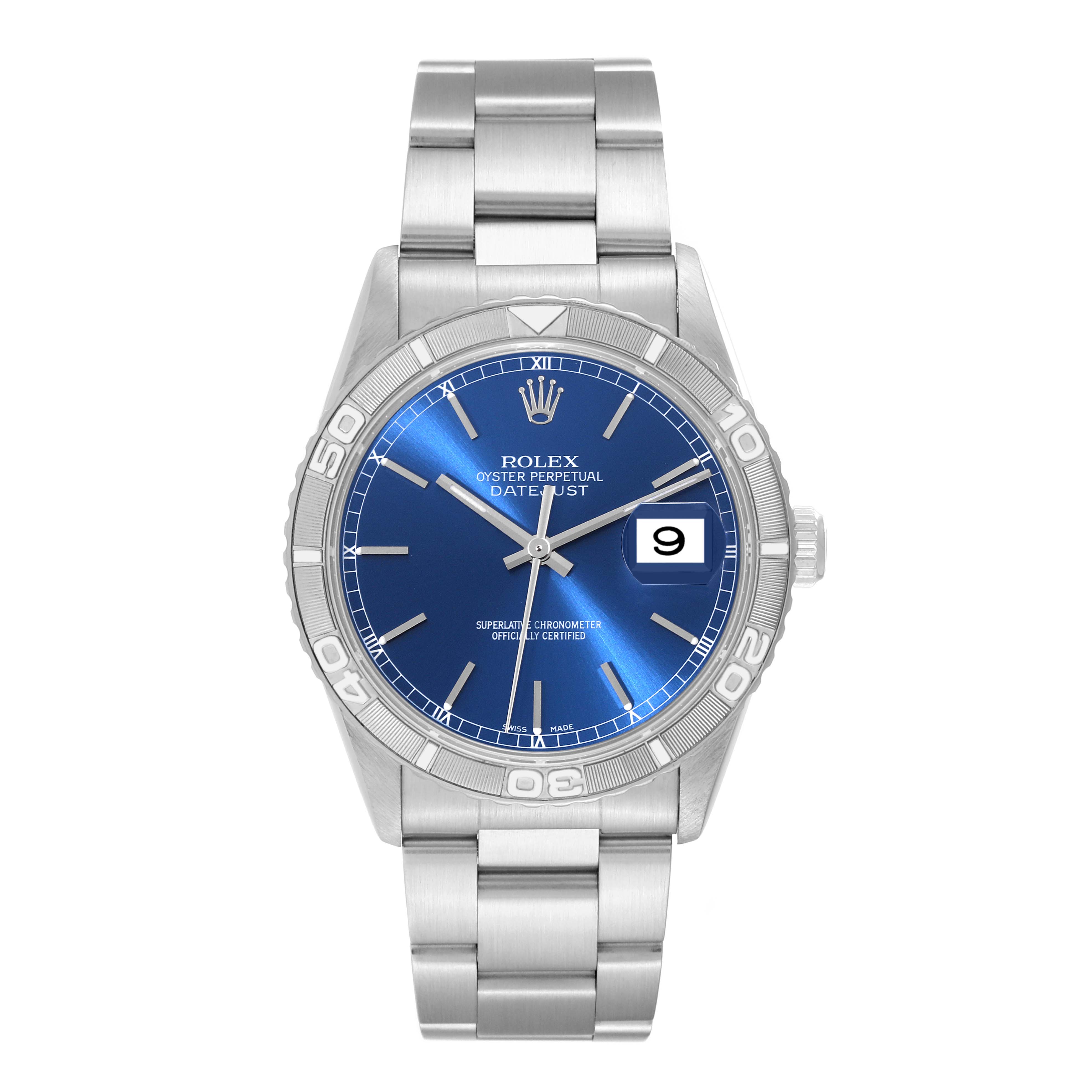 The image shows a front view of a Rolex Turn-o-Graph 16264 Men
s Stainless Steel Blue Dial 16264 Men
s Stainless Steel Blue Dial watch, showcasing its blue dial, date window, and stainless steel bracelet.