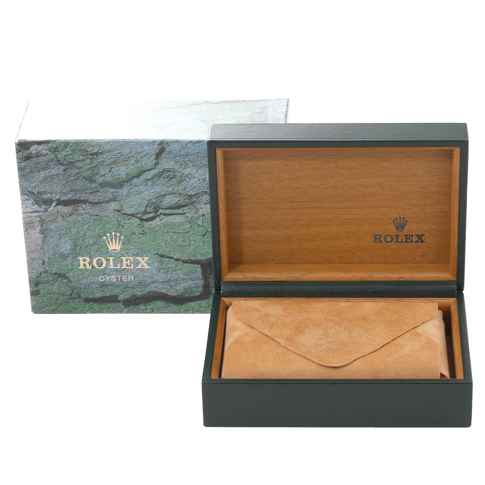 The image shows a Rolex Turn-o-Graph 16264 Men
s Stainless Steel Blue Dial 16264 Men
s Stainless Steel Blue Dial watch box and pouch, including an outer box with "Rolex Oyster" branding.