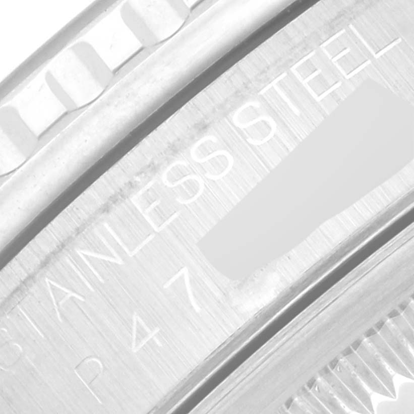 The image shows a close-up of the stainless steel bezel and engravings on the Rolex Turn-o-Graph 16264 Men
s Stainless Steel Blue Dial 16264 Men
s Stainless Steel Blue Dial watch.