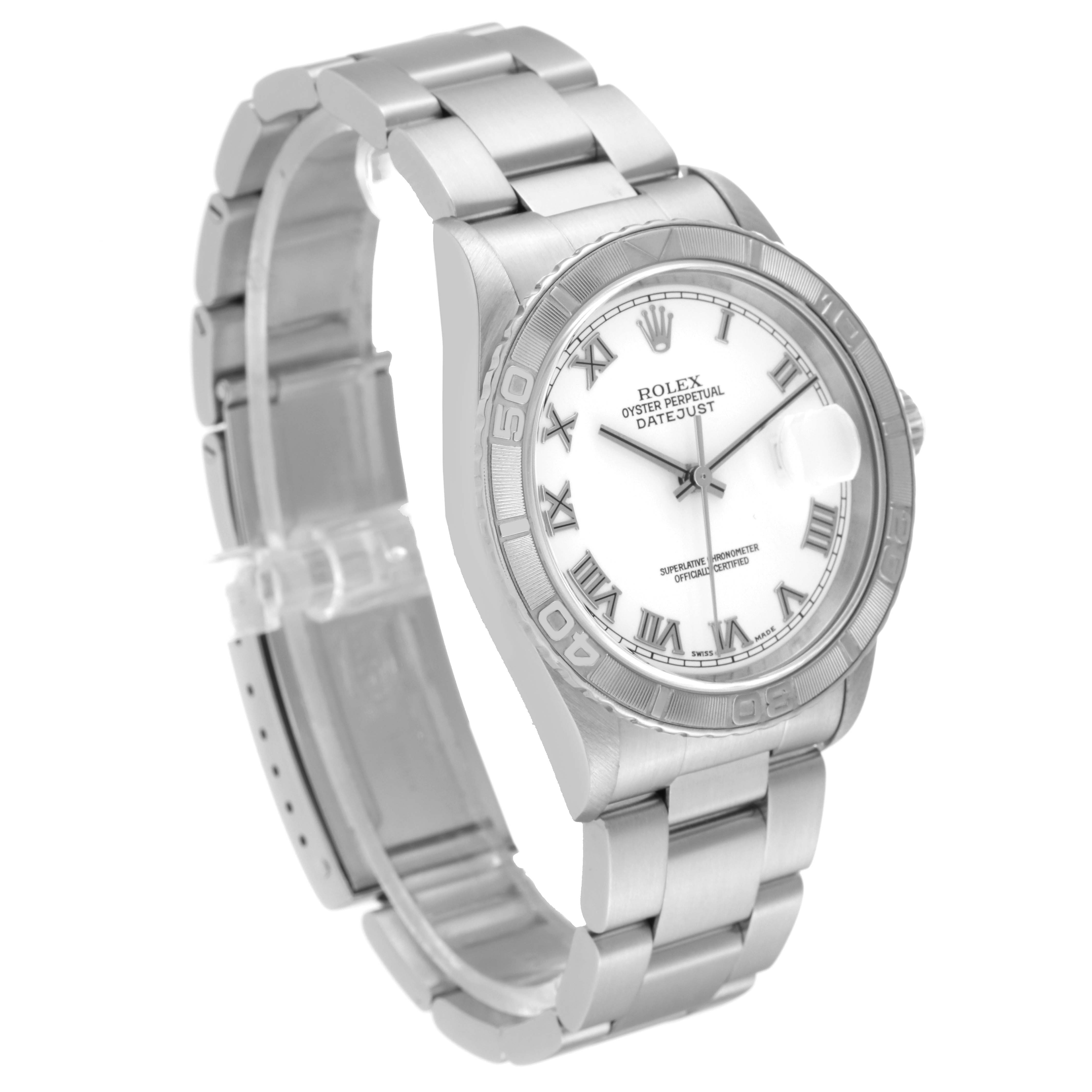 This Rolex Turn-o-Graph 16264 Men
s Stainless Steel White Dial 16264 Men
s Stainless Steel White Dial model is shown at a three-quarter angle, highlighting the watch
s face, bracelet, and clasp.