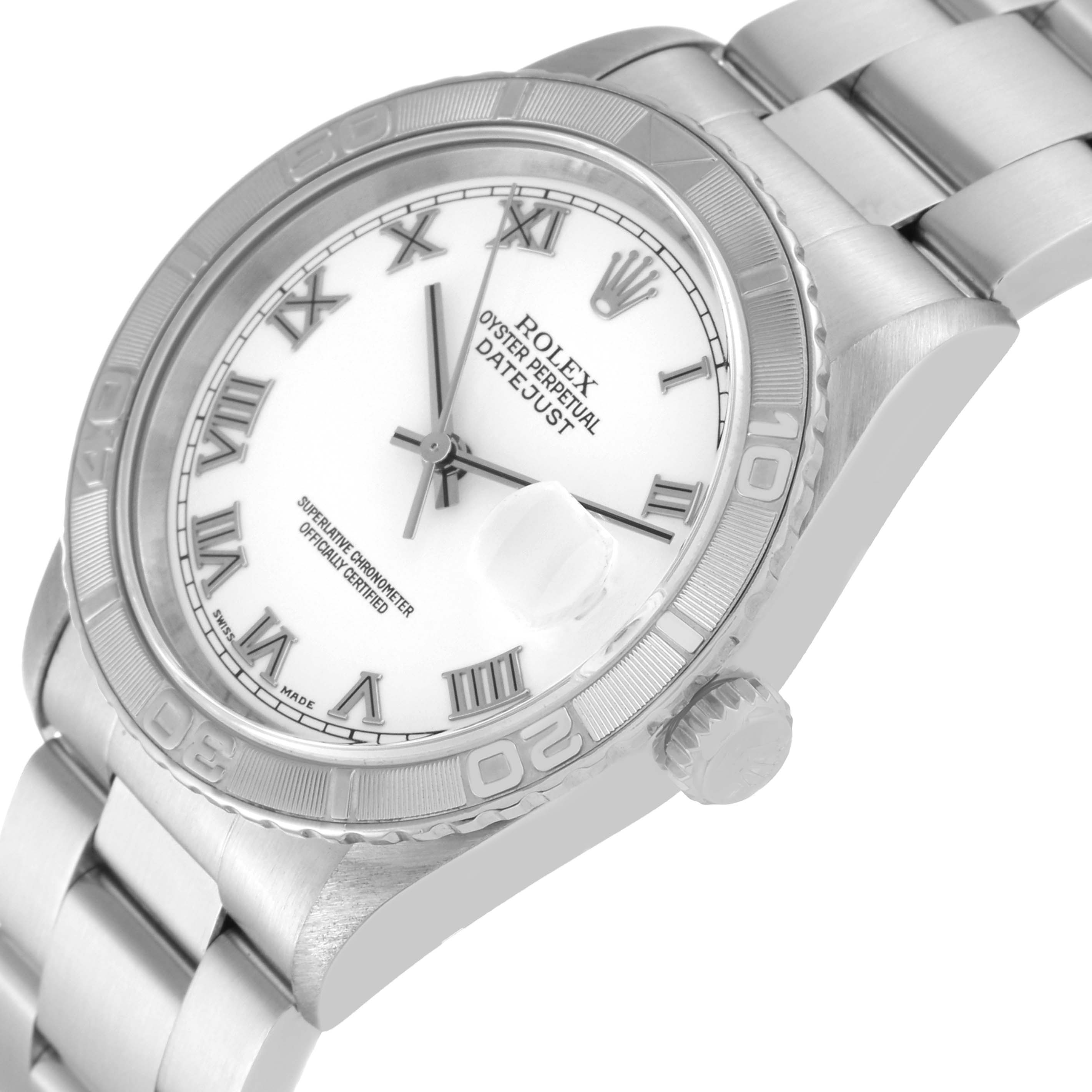 This image shows a Rolex Turn-o-Graph 16264 Men
s Stainless Steel White Dial 16264 Men
s Stainless Steel White Dial watch from a slight angle, highlighting the face, bezel, and part of the bracelet.