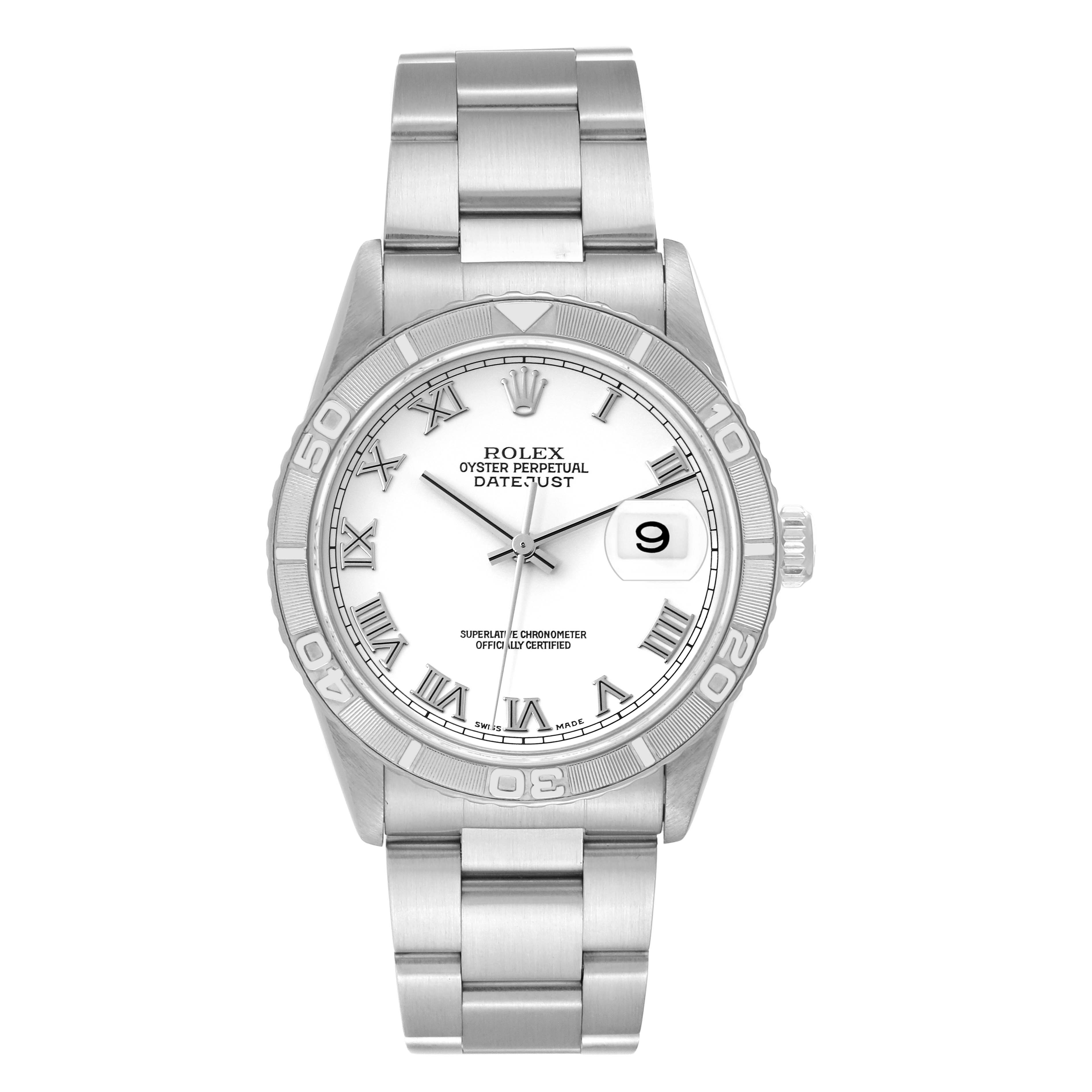 The image shows a Rolex Turn-o-Graph 16264 Men
s Stainless Steel White Dial 16264 Men
s Stainless Steel White Dial watch, model Oyster Perpetual Datejust, from the front, displaying its dial, bezel, and bracelet.