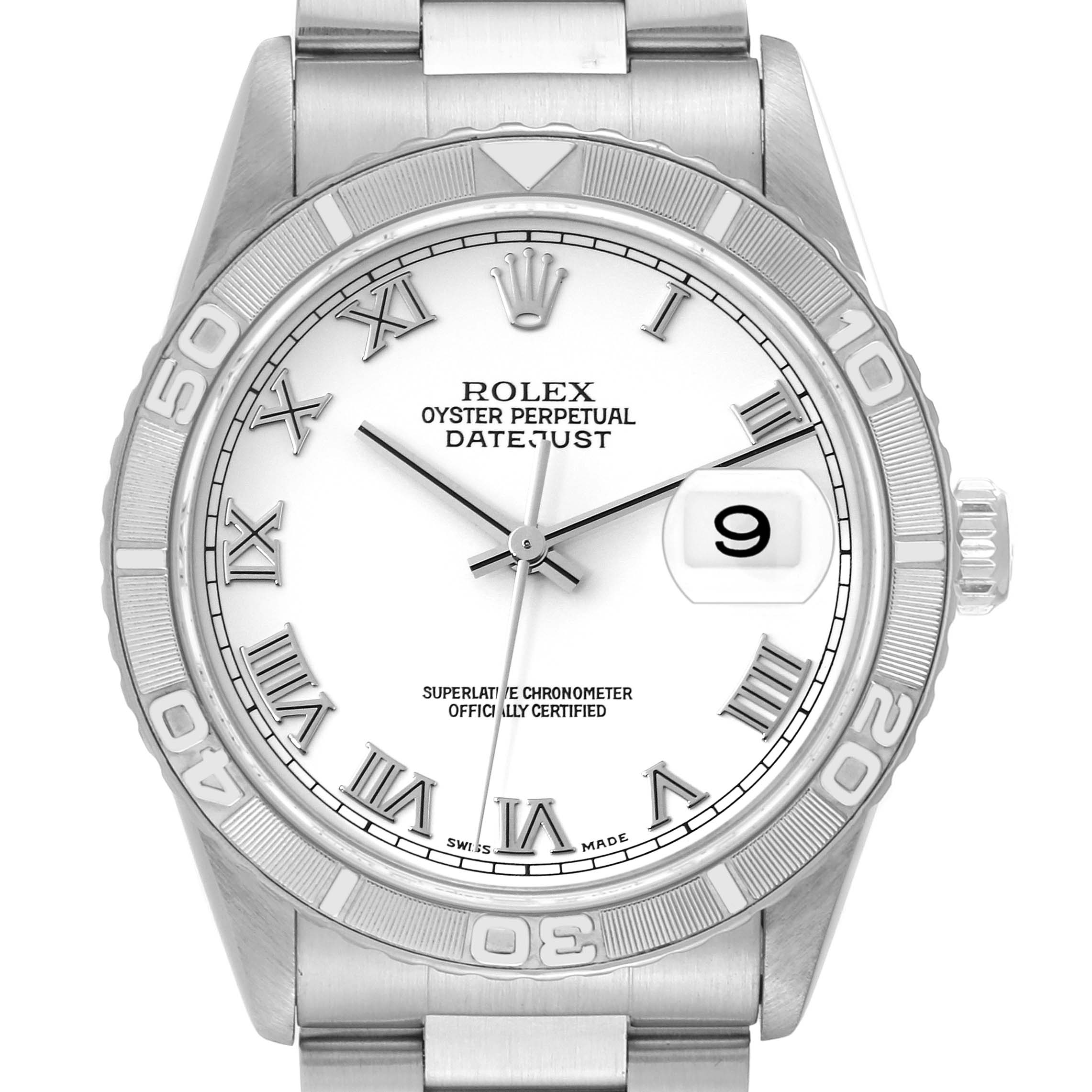 This image shows a front view of a Rolex Turn-o-Graph 16264 Men
s Stainless Steel White Dial 16264 Men
s Stainless Steel White Dial watch, highlighting its dial, bezel, and bracelet attachment.