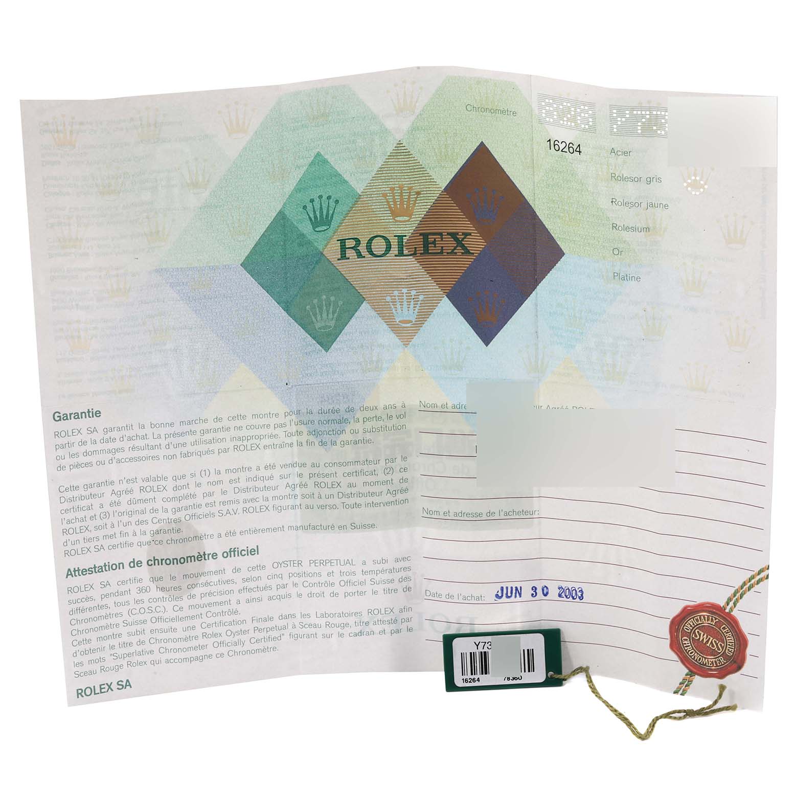 The image shows the warranty and chronometer certificate for a Rolex Turn-o-Graph 16264 Men
s Stainless Steel White Dial 16264 Men
s Stainless Steel White Dial model, dated June 30, 2003.
