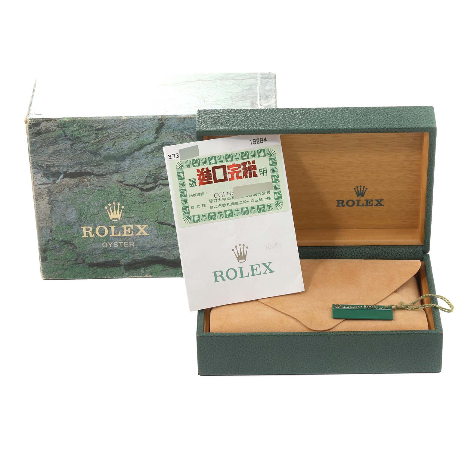 The image shows the packaging and accessories (box, booklet, and tag) for a Rolex Turn-o-Graph 16264 Men
s Stainless Steel White Dial 16264 Men
s Stainless Steel White Dial model watch.