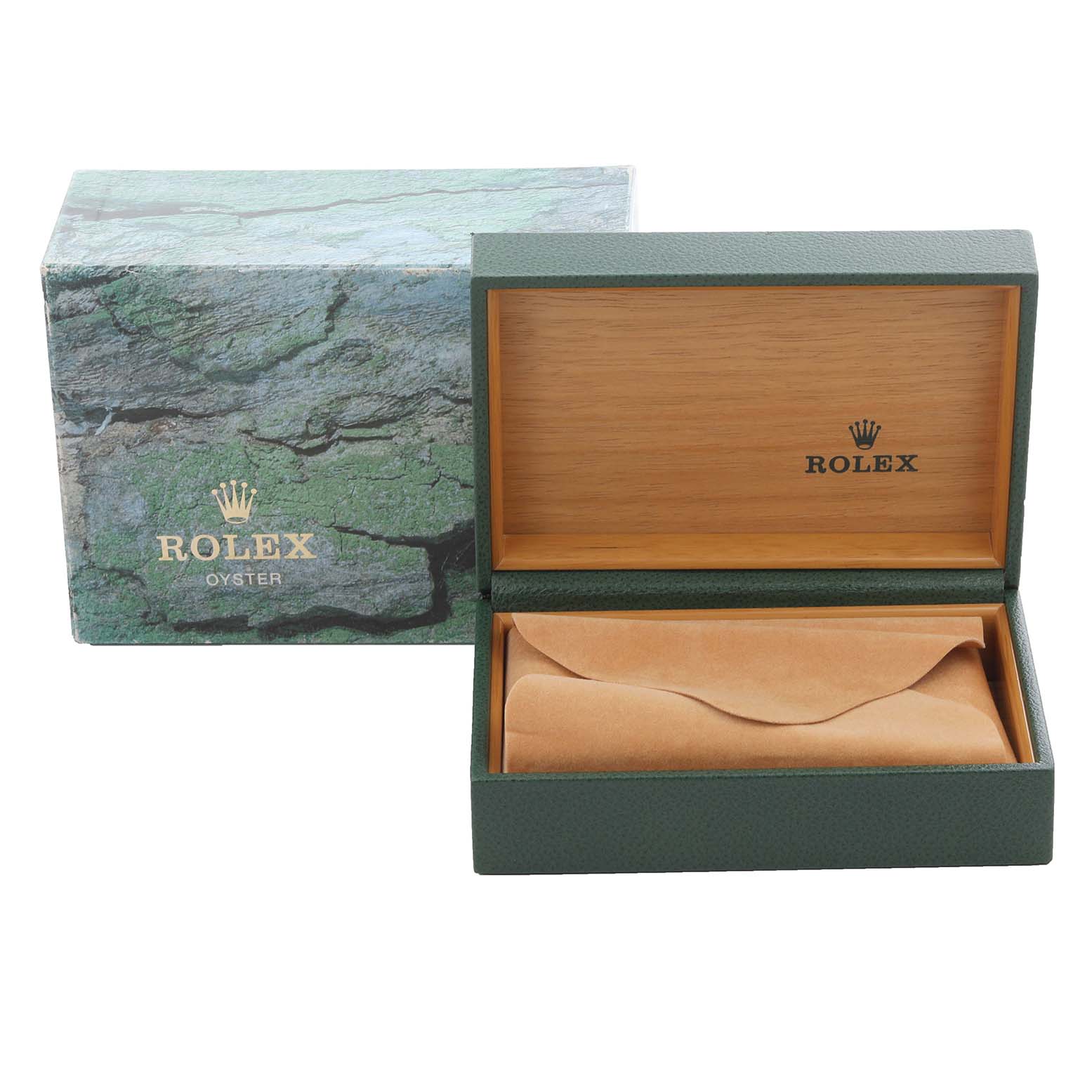 The image shows a green textured Rolex box and an open inner box featuring the brand logo, designed for the Turn-o-Graph model.