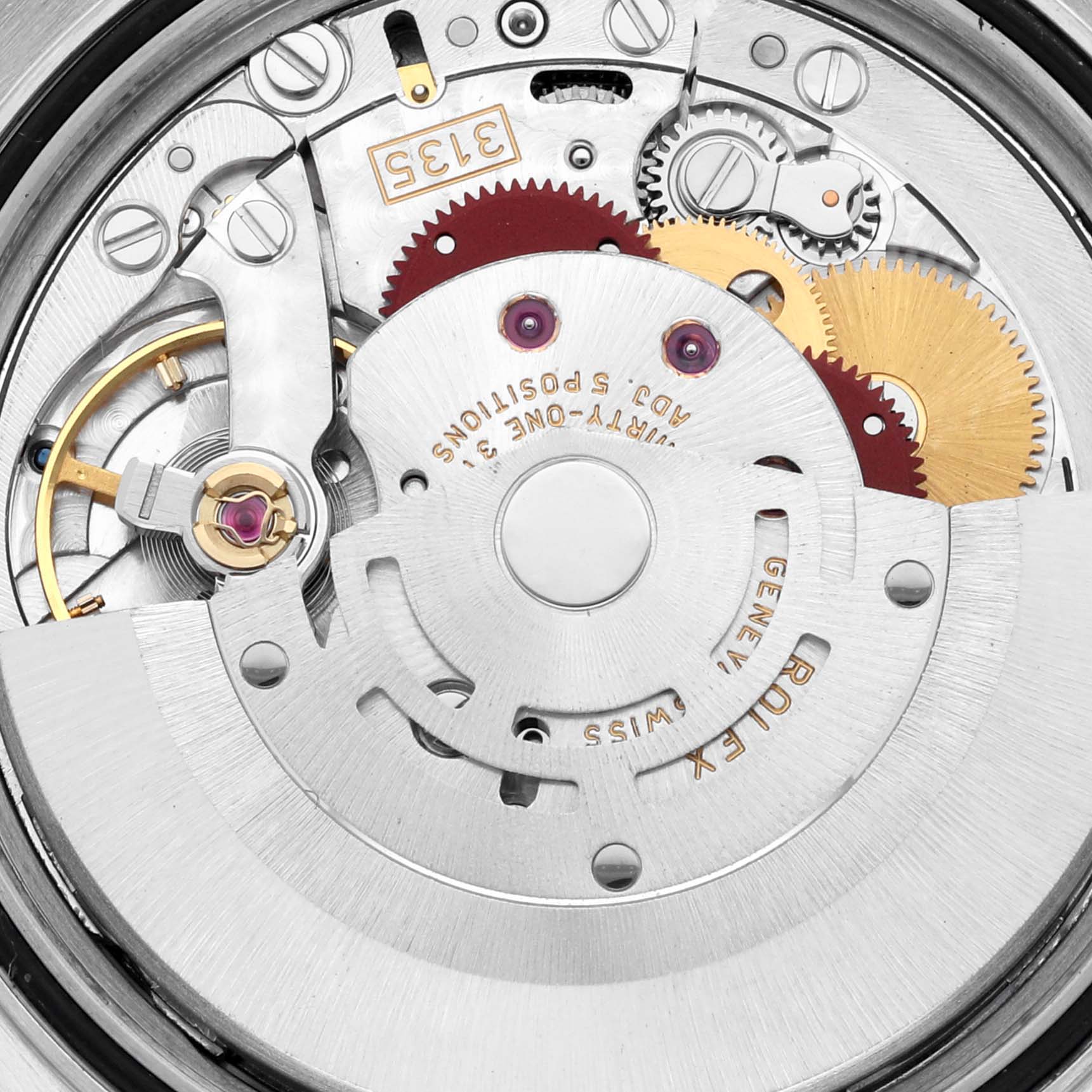 The image shows the internal mechanism of a Rolex Turn-o-Graph 16264 Men's Stainless Steel Silver Dial 16264 Men's Stainless Steel Silver Dial watch from a top-down angle, highlighting gears and components.