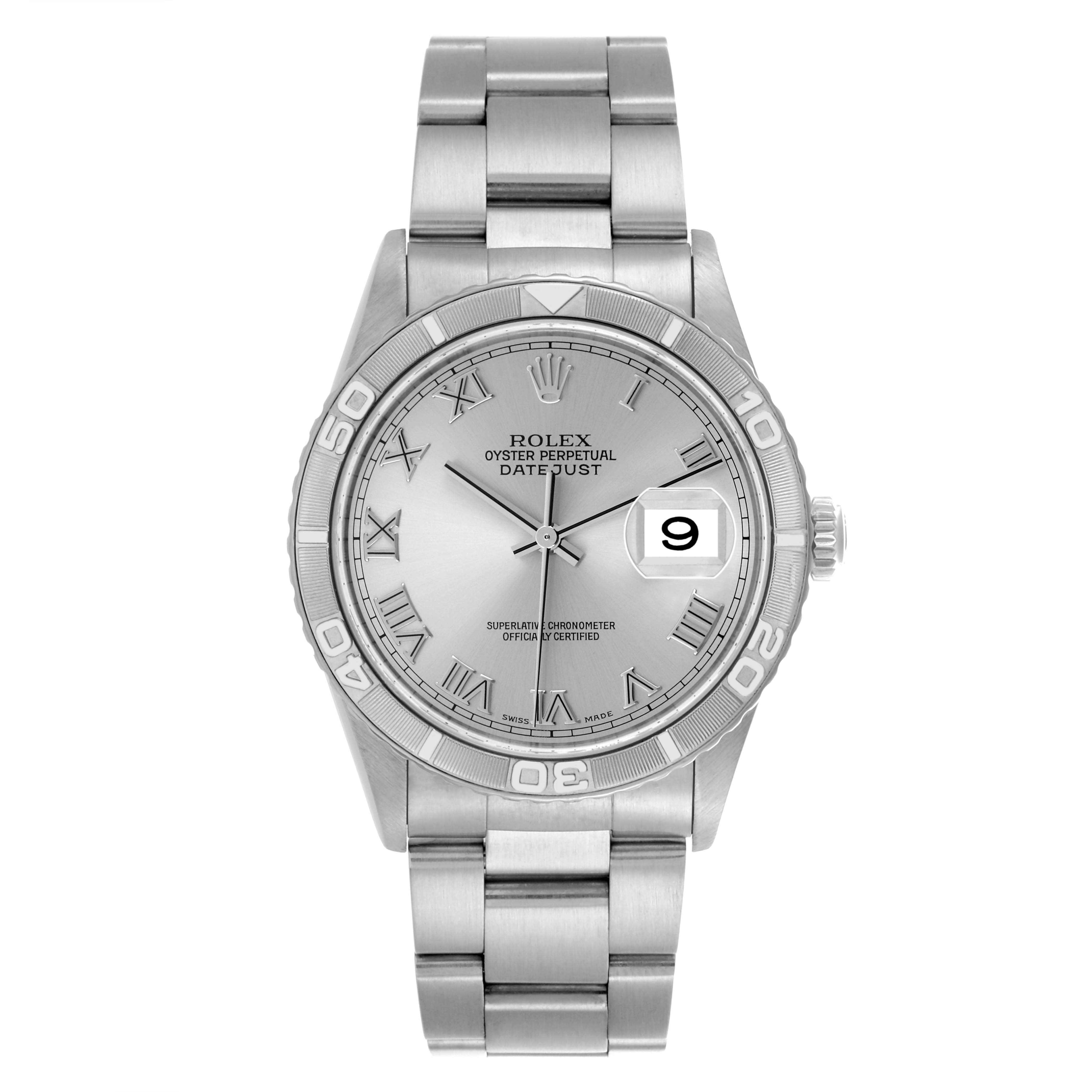 The Rolex Turn-o-Graph 16264 Men's Stainless Steel Silver Dial 16264 Men's Stainless Steel Silver Dial watch is shown from a front angle, displaying the face, bezel, bracelet, and date window.