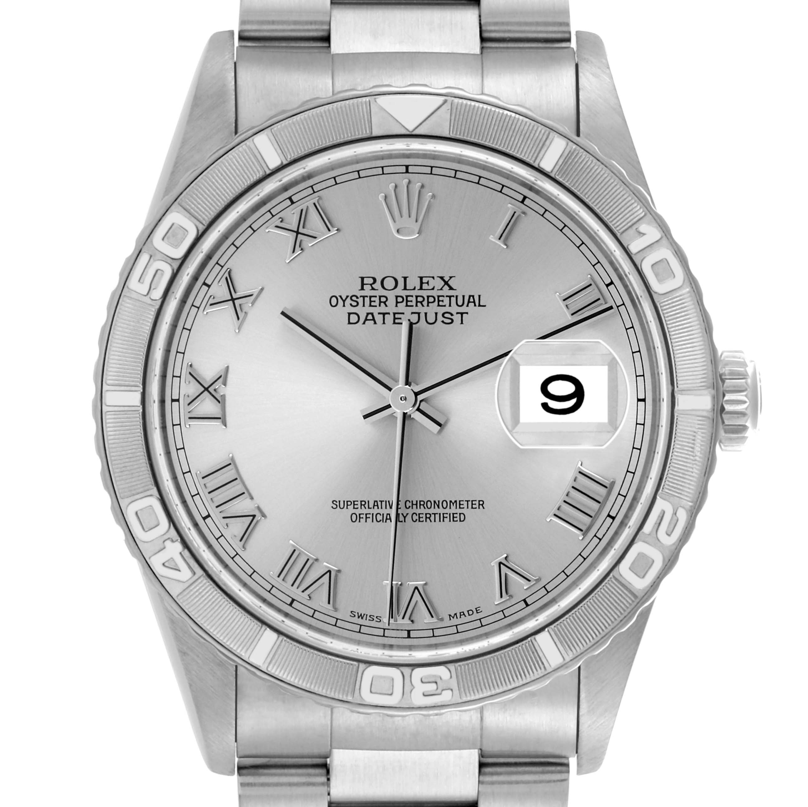The image shows a front view of the Rolex Turn-o-Graph 16264 Men's Stainless Steel Silver Dial 16264 Men's Stainless Steel Silver Dial watch, highlighting the dial, bezel, and part of the bracelet.