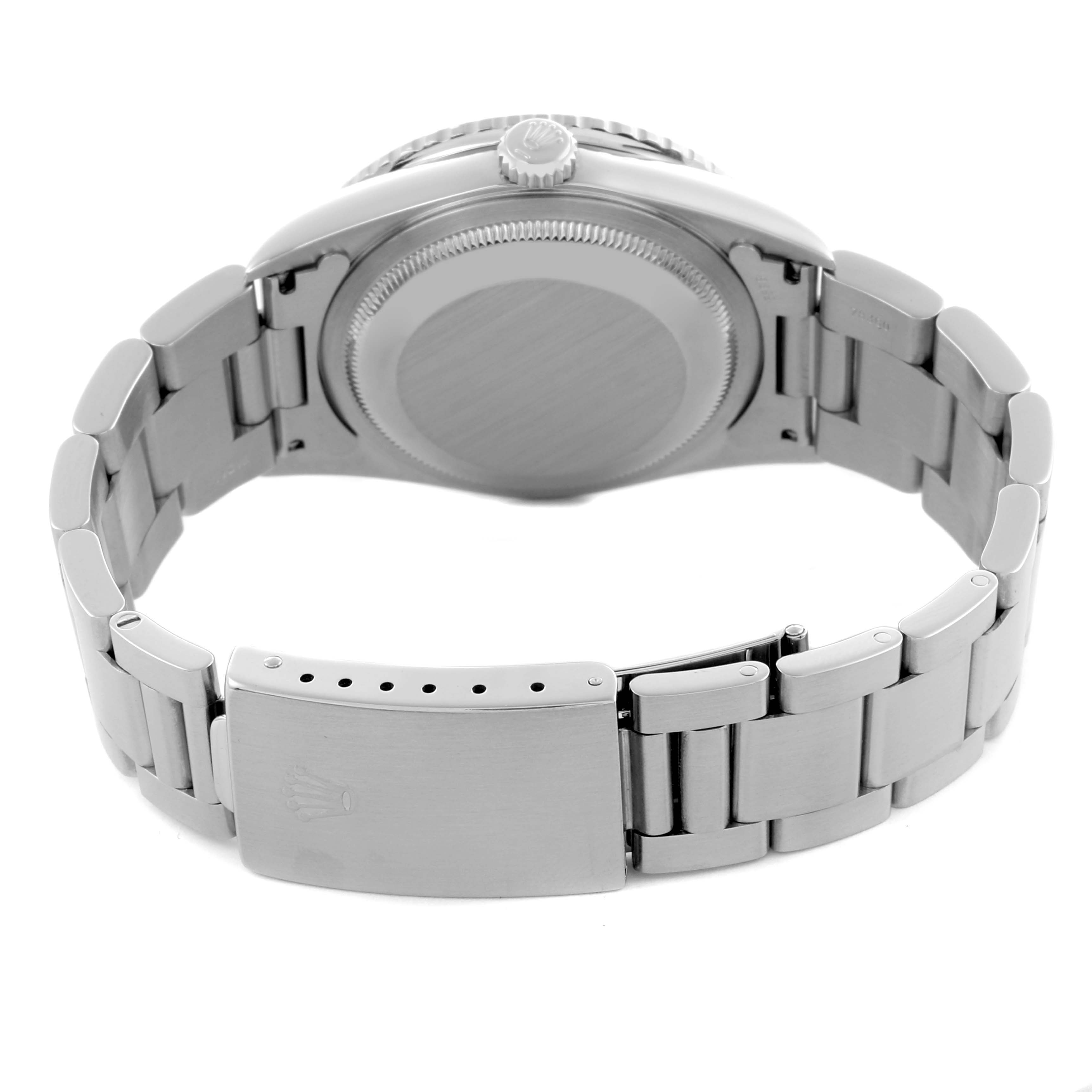 The image shows the back view of a Rolex Turn-o-Graph 16264 Men's Stainless Steel Silver Dial 16264 Men's Stainless Steel Silver Dial watch, highlighting the case back and bracelet clasp.