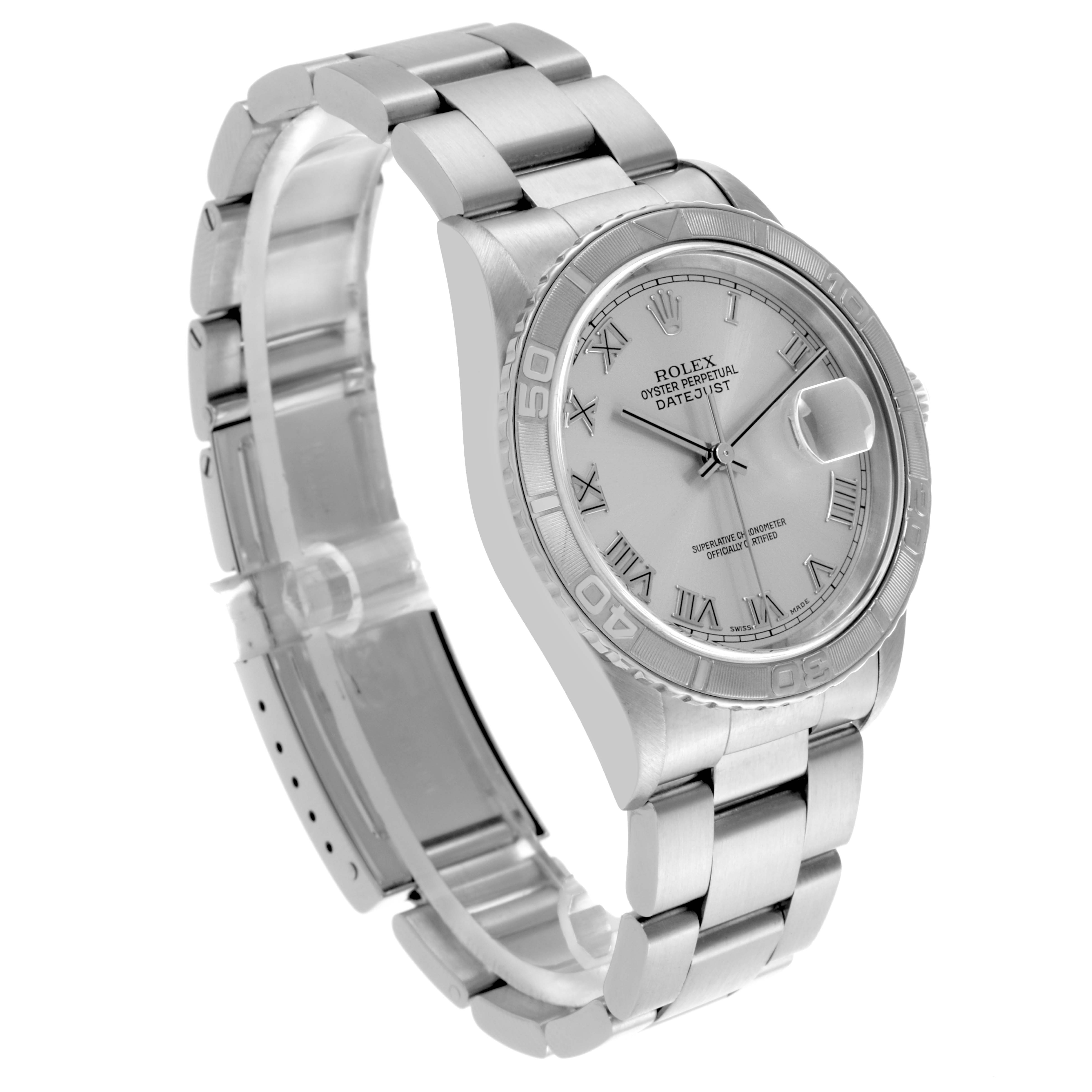 The Rolex Turn-o-Graph 16264 Men's Stainless Steel Silver Dial 16264 Men's Stainless Steel Silver Dial watch is shown at a three-quarter angle, highlighting the face, bezel, and bracelet.
