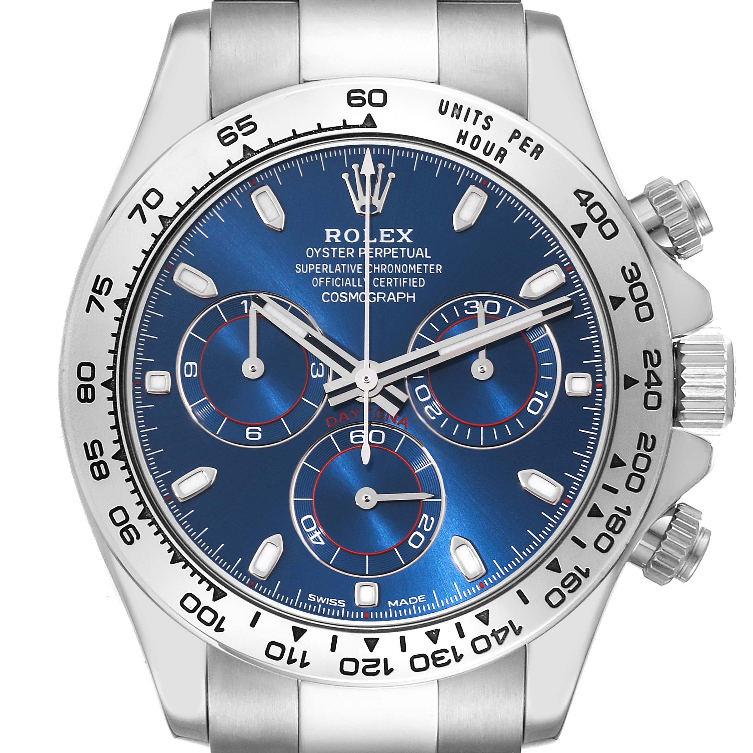 This image shows a close-up of the Rolex Daytona 116509 Men's White Gold Blue Dial 116509 Men's White Gold Blue Dial watch face, including the chronograph dials, bezel, and crown.