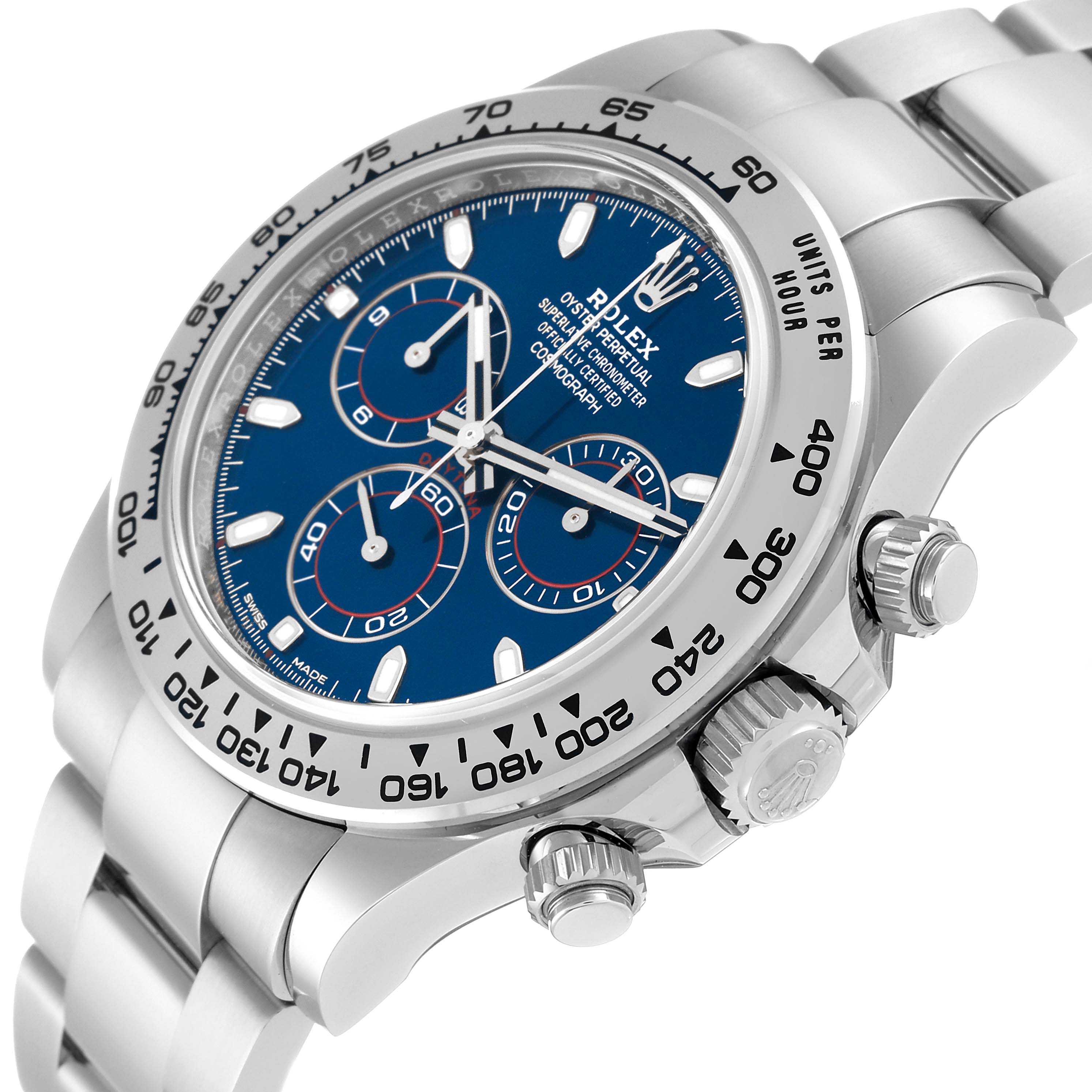 The image shows a side angle of the Rolex Daytona 116509 Men's White Gold Blue Dial 116509 Men's White Gold Blue Dial watch, highlighting its dial, bezel, and crown.