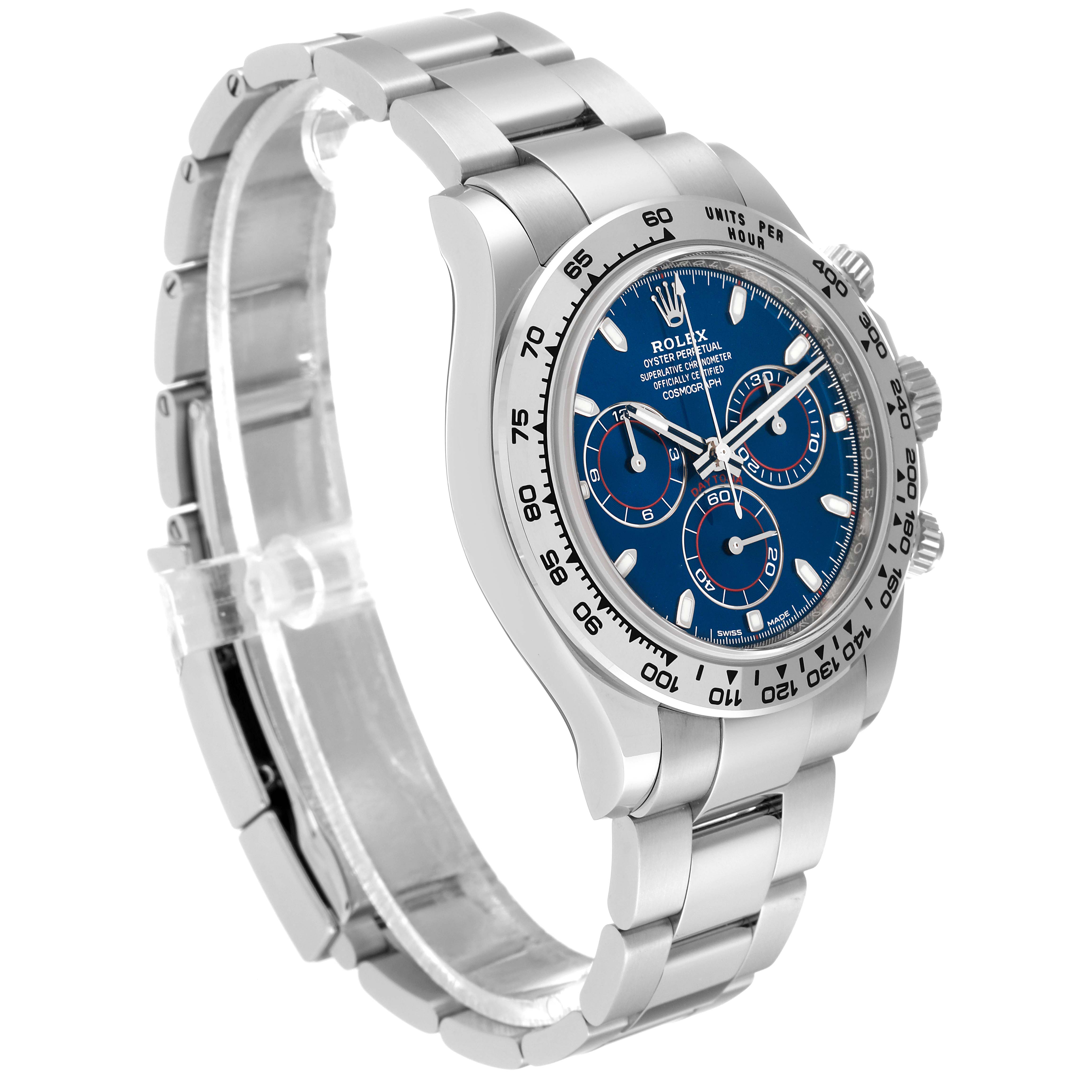 This Rolex Daytona 116509 Men's White Gold Blue Dial 116509 Men's White Gold Blue Dial watch is shown from a side-angle, highlighting the bracelet, bezel, and blue dial with sub-dials.