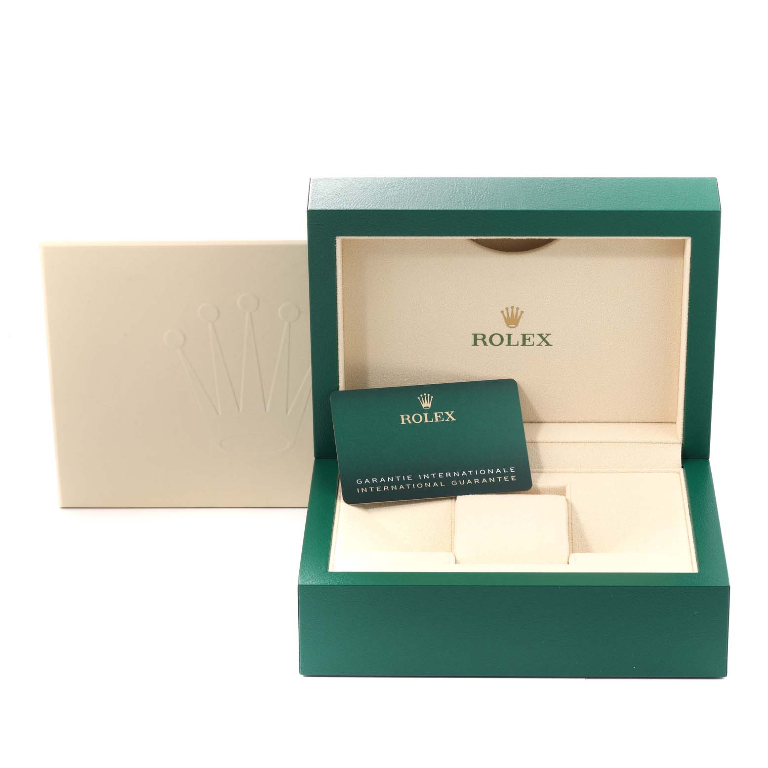 A Rolex Daytona 116509 Men's White Gold Blue Dial 116509 Men's White Gold Blue Dial watch box and guarantee card are shown from a front angle.