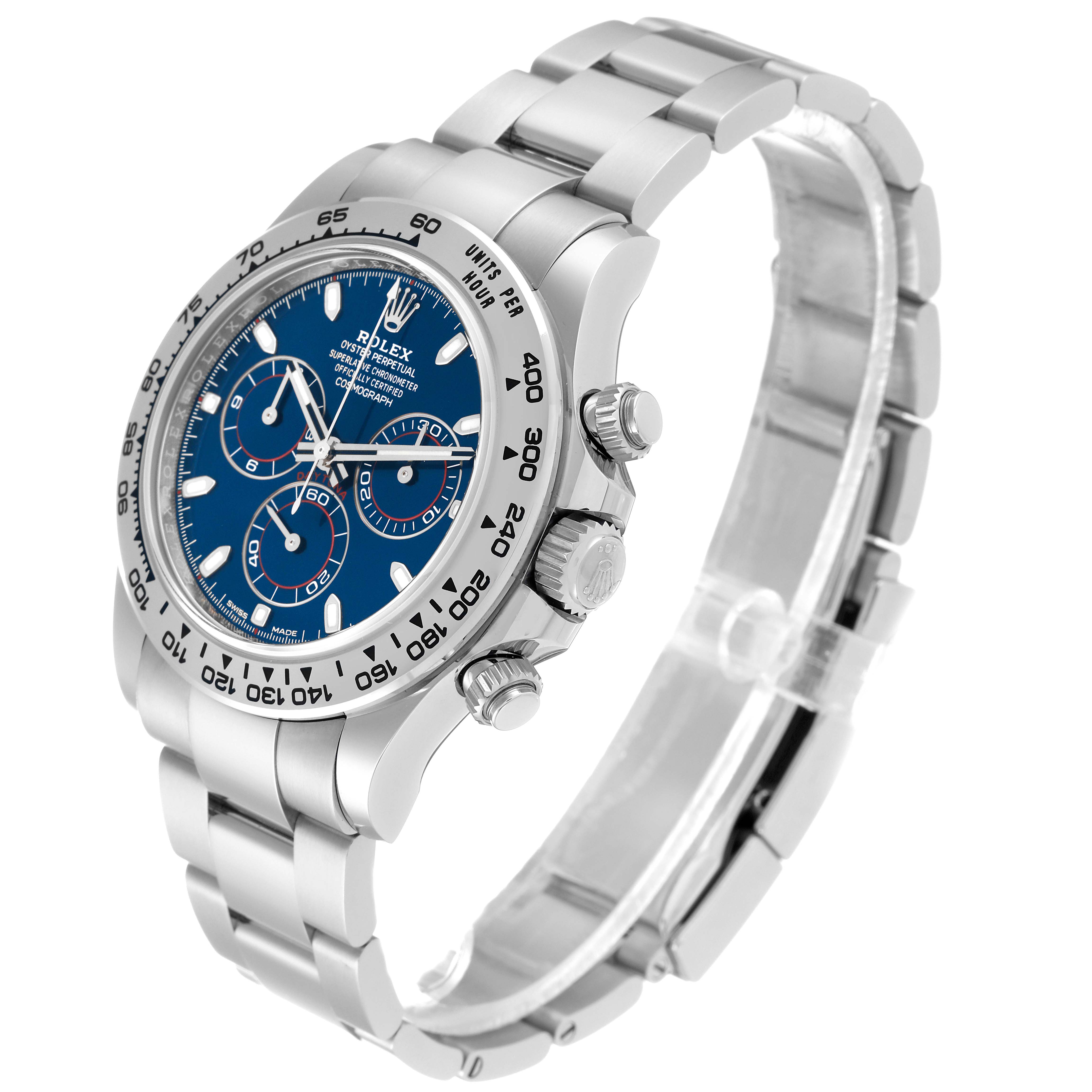 This image shows a side and angled top view of a Rolex Daytona 116509 Men's White Gold Blue Dial 116509 Men's White Gold Blue Dial watch, highlighting its face, bezel, and bracelet.