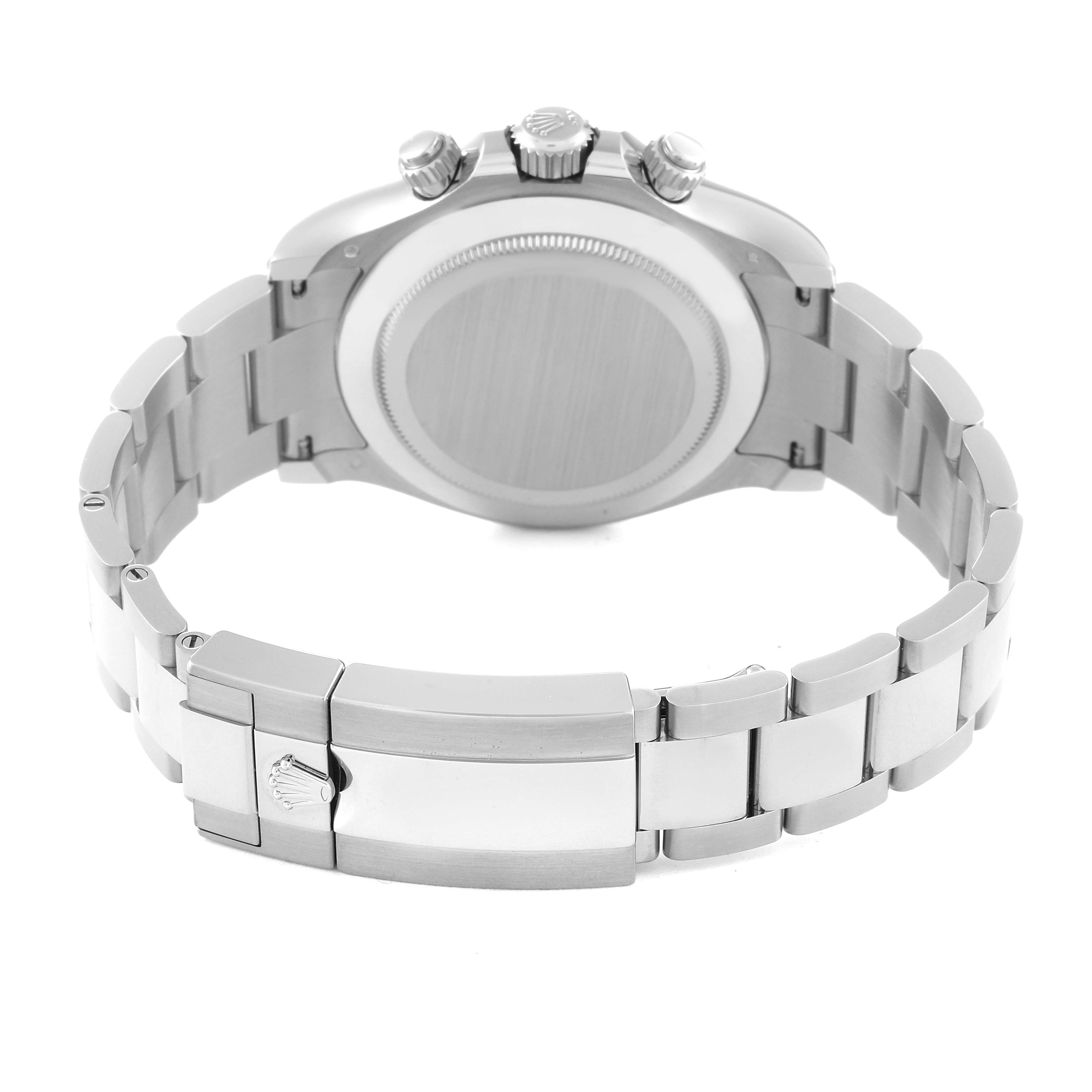 This image shows the back view of a Rolex Daytona 116509 Men's White Gold Blue Dial 116509 Men's White Gold Blue Dial watch, highlighting the bracelet, clasp, and case back.