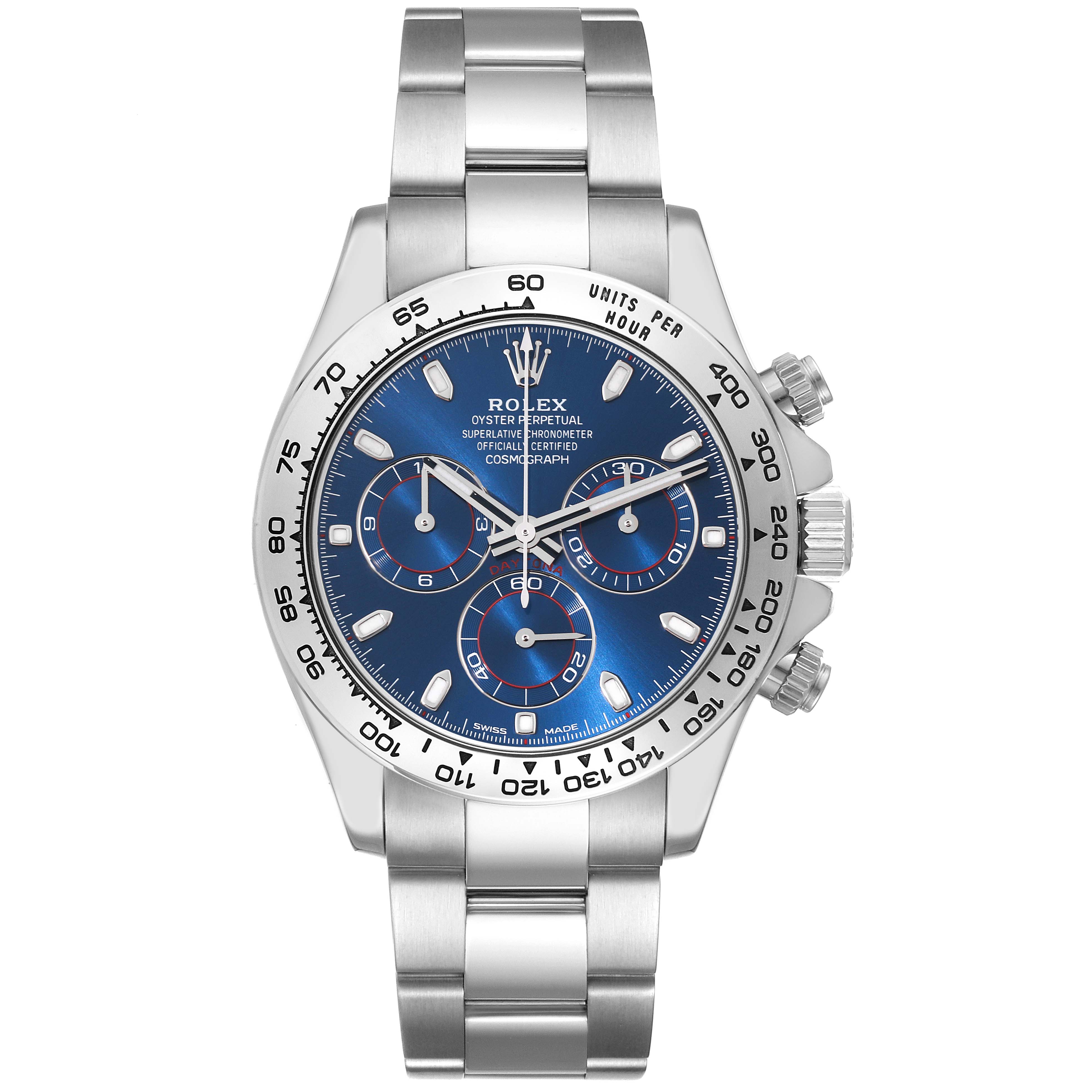 This image shows a front view of the Rolex Daytona 116509 Men's White Gold Blue Dial 116509 Men's White Gold Blue Dial watch, featuring its stainless steel case, blue dial, and chronograph subdials.