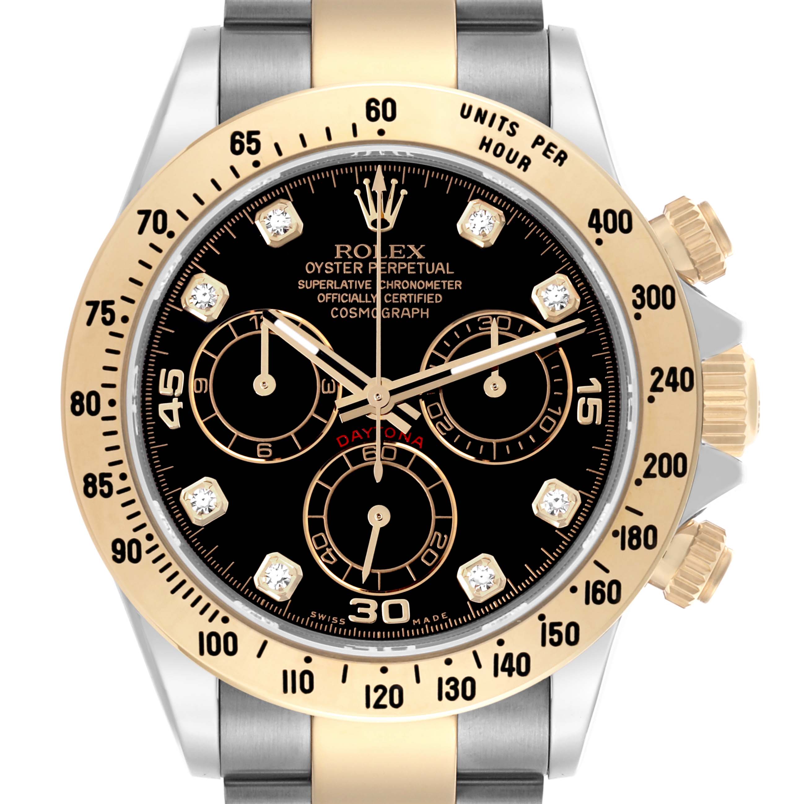 The Rolex Daytona 116523 Men
s Steel and Gold (two tone) Black Dial 116523 Men
s Steel and Gold (two tone) Black Dial watch is shown from the front, highlighting the dial, bezel, and pushers.