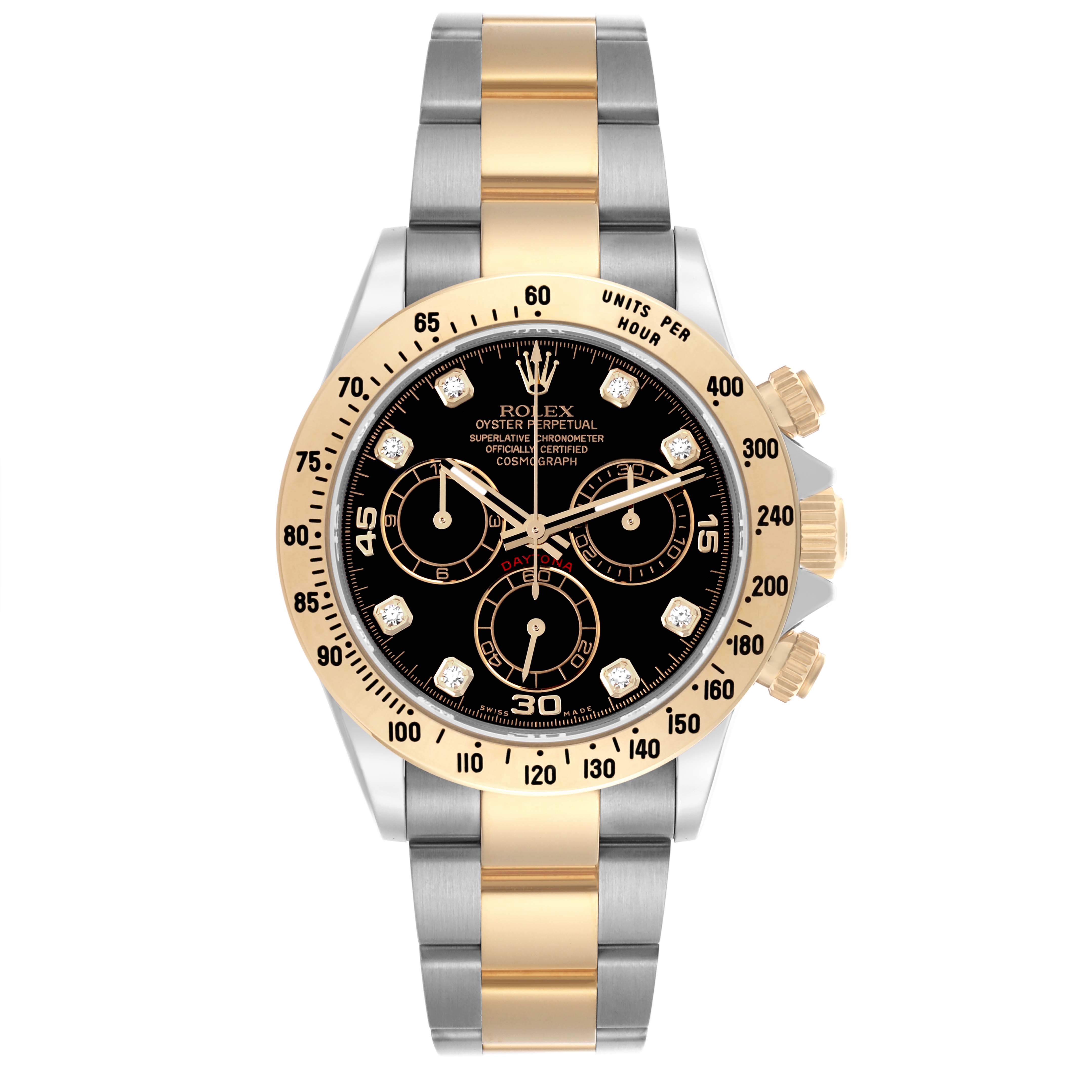 The image shows a frontal view of the Rolex Daytona 116523 Men
s Steel and Gold (two tone) Black Dial 116523 Men
s Steel and Gold (two tone) Black Dial watch, featuring its bezel, dial, and bracelet.