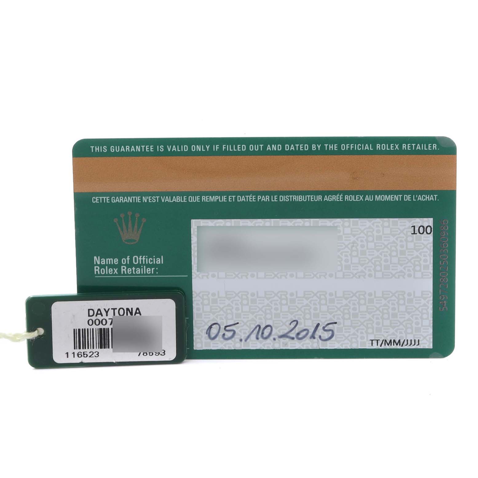 The image shows a Rolex warranty card and hang tag for the Daytona model, displaying the reference number and a date.