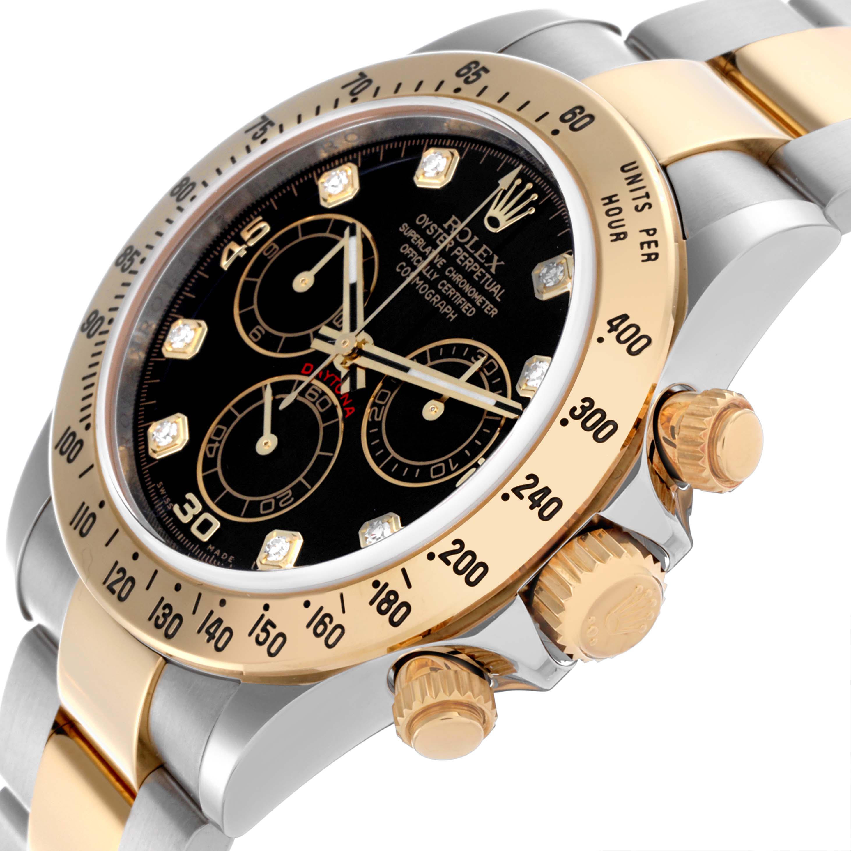 The image shows a Rolex Daytona 116523 Men
s Steel and Gold (two tone) Black Dial 116523 Men
s Steel and Gold (two tone) Black Dial watch from an angled view, highlighting the bezel, dial, and side pushers.