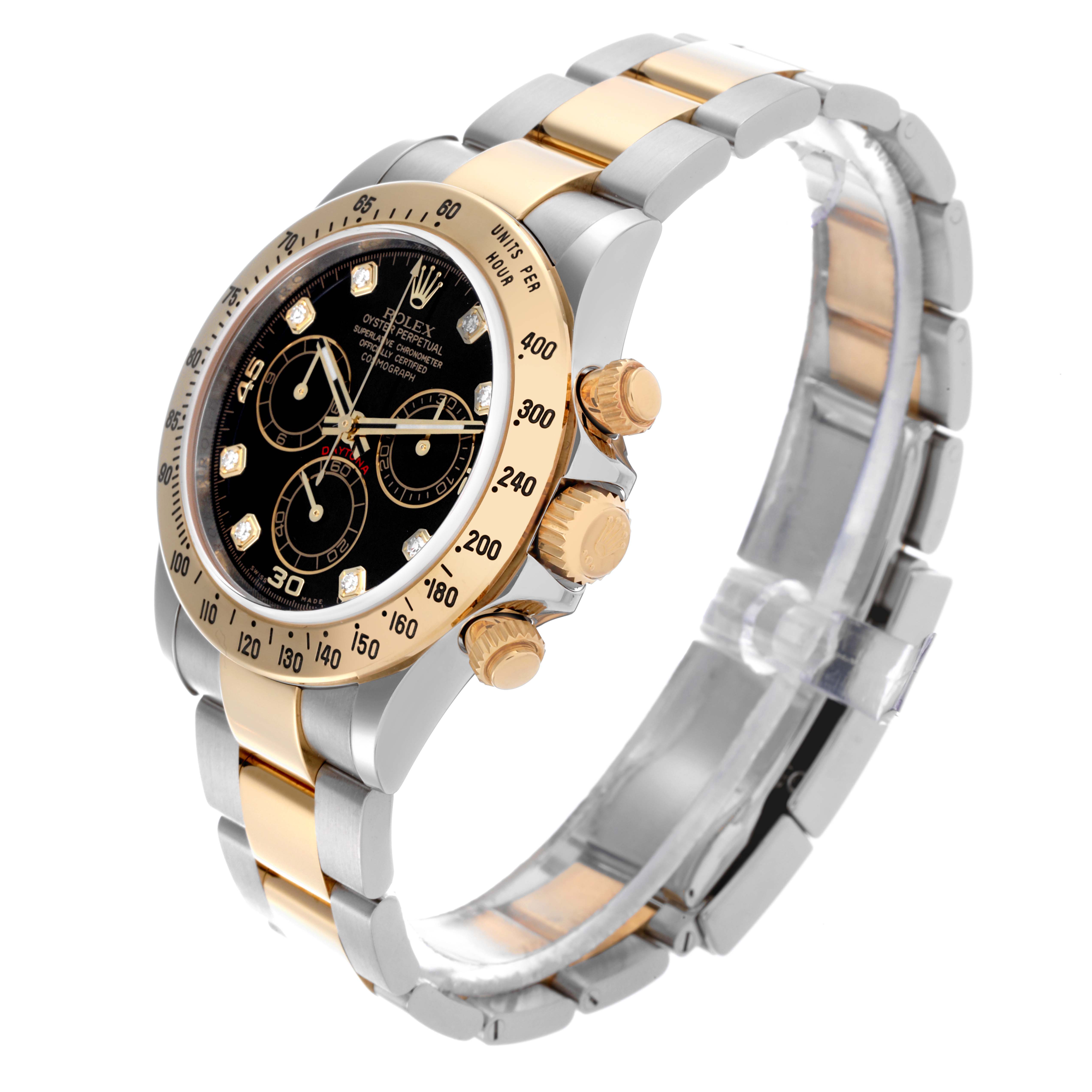 The Rolex Daytona 116523 Men
s Steel and Gold (two tone) Black Dial 116523 Men
s Steel and Gold (two tone) Black Dial watch is shown at a side angle, highlighting the bezel, dial, crown, pushers, and bracelet.