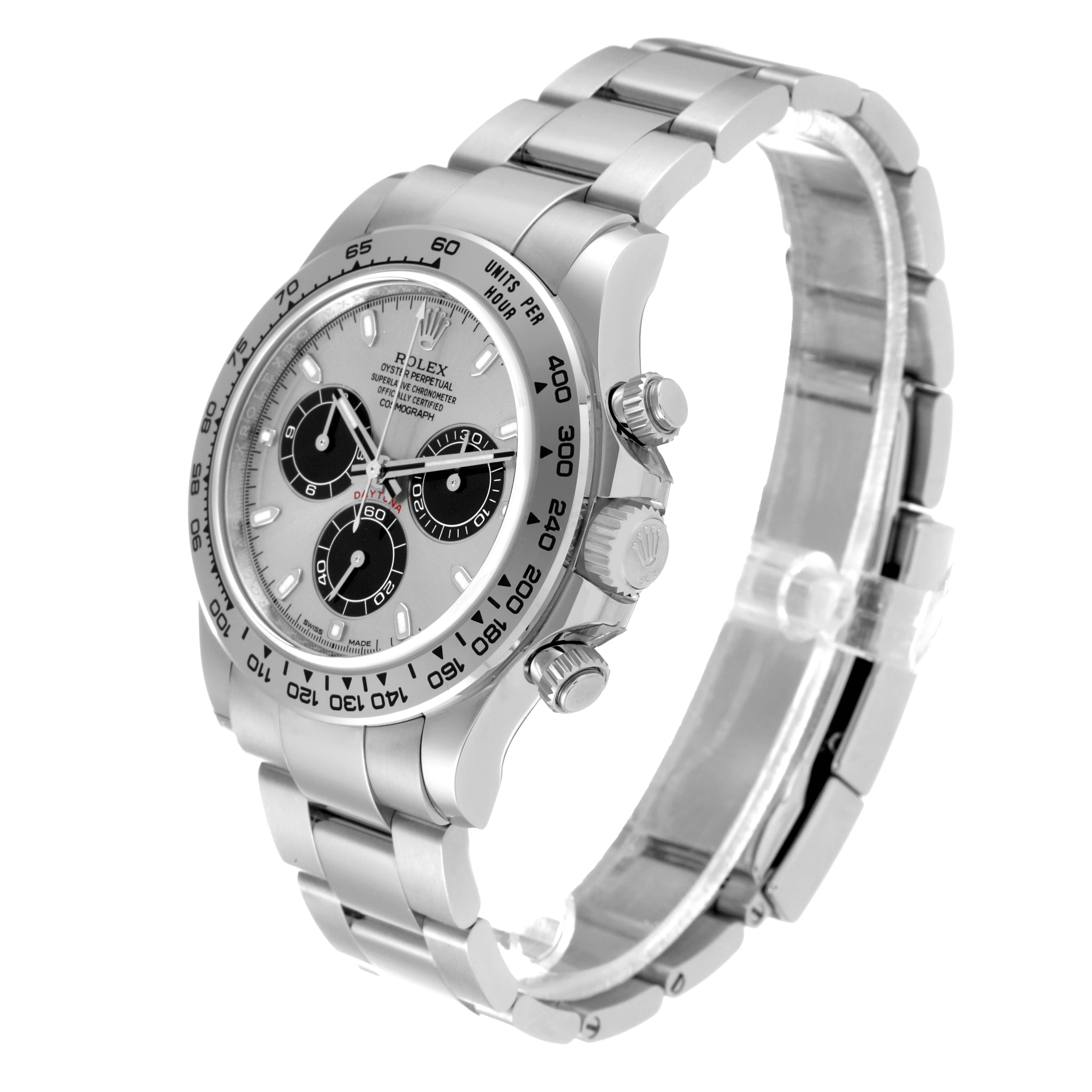 The image shows a Rolex Daytona 116509 Men's White Gold Silver Dial 116509 Men's White Gold Silver Dial watch viewed from an angled side, highlighting its face, bezel, crown, and bracelet.