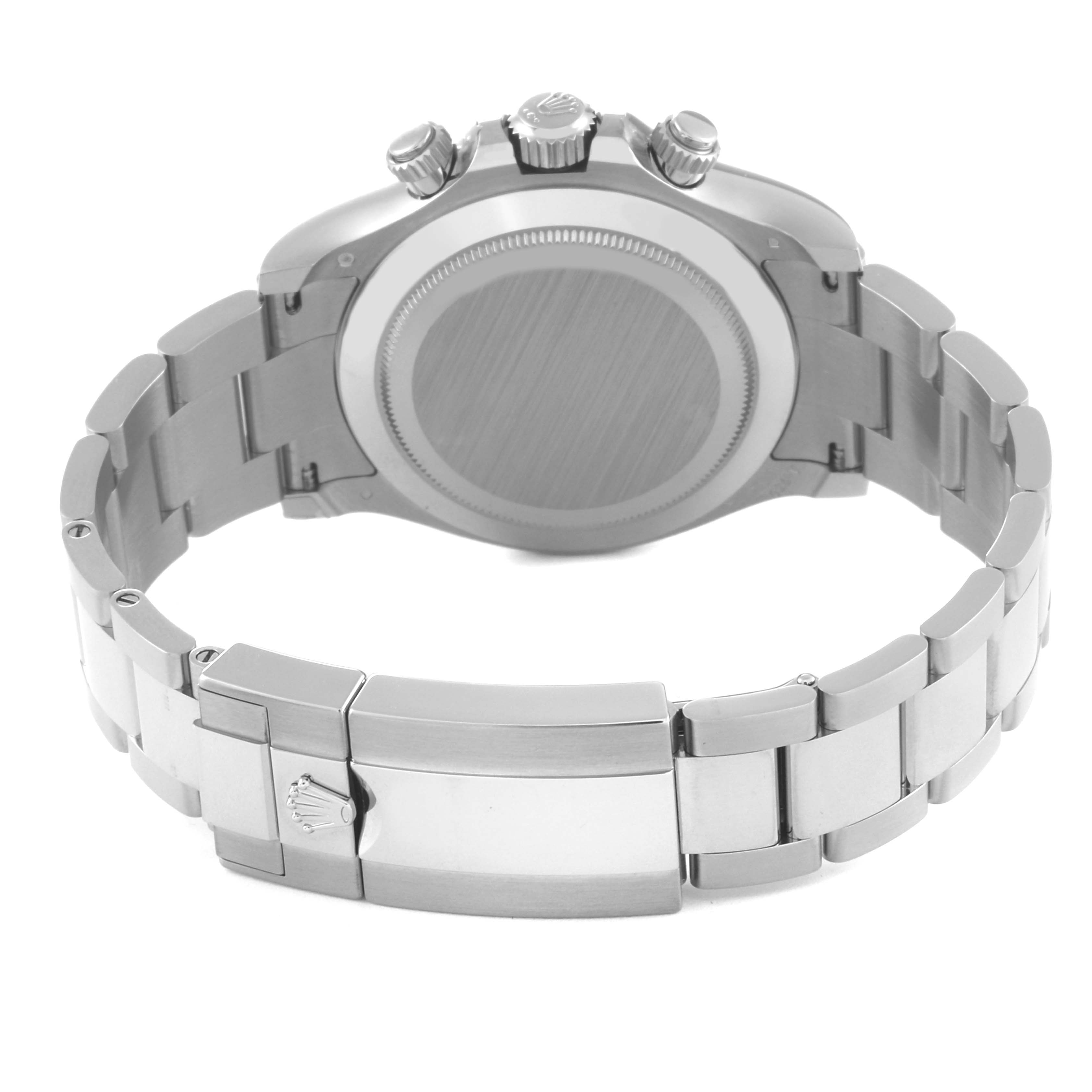 This Rolex Daytona 116509 Men's White Gold Silver Dial 116509 Men's White Gold Silver Dial watch is shown from the back, highlighting its bracelet, clasp, and caseback.