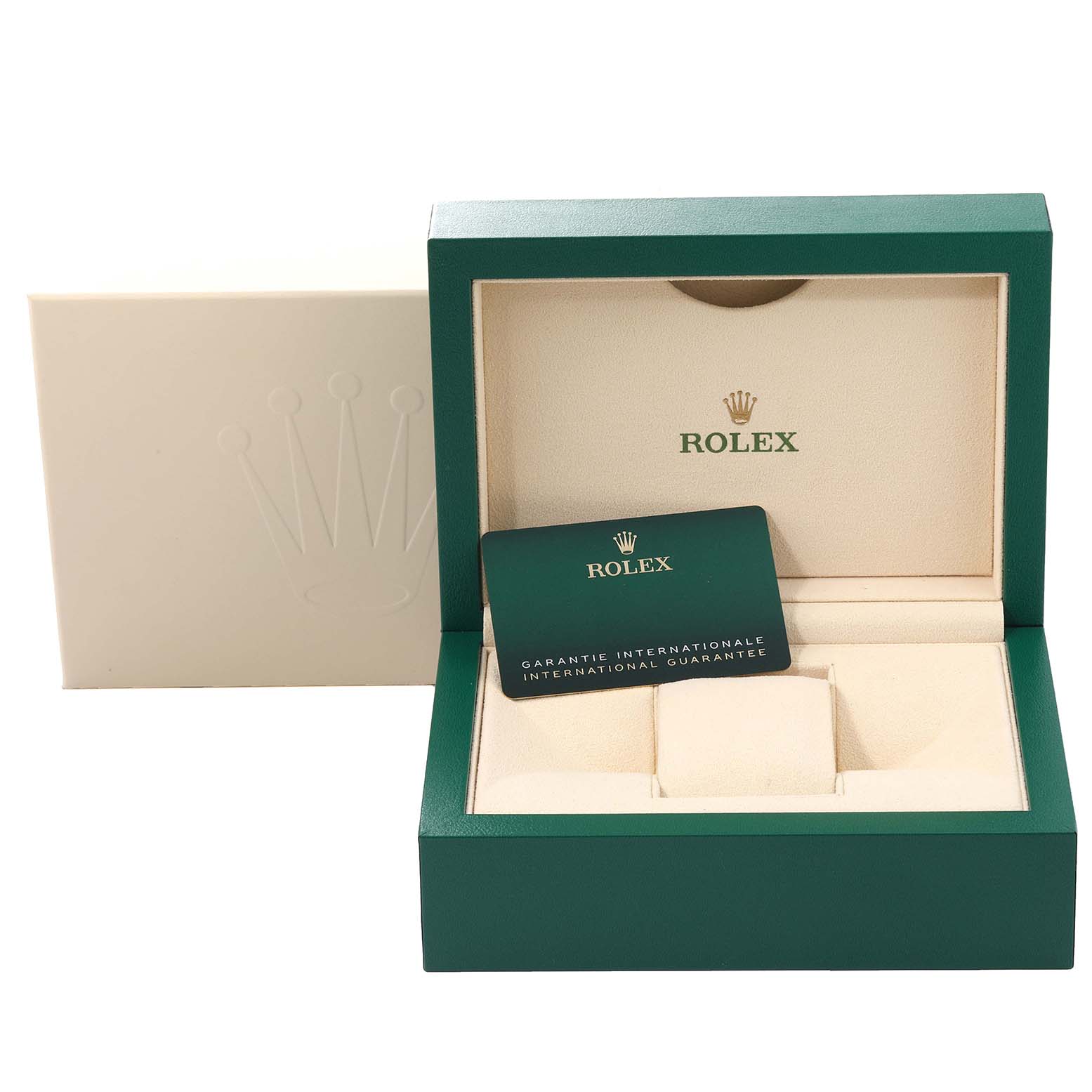 The image shows an open Rolex Daytona 116509 Men's White Gold Silver Dial 116509 Men's White Gold Silver Dial watch box with an international guarantee card inside.