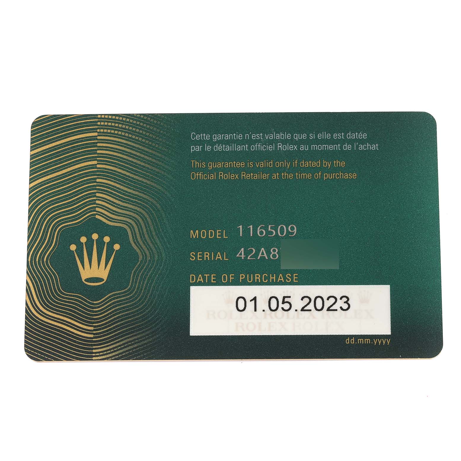 This image shows a guarantee card for the Rolex Daytona 116509 Men's White Gold Silver Dial 116509 Men's White Gold Silver Dial, featuring the model, serial number, and date of purchase.