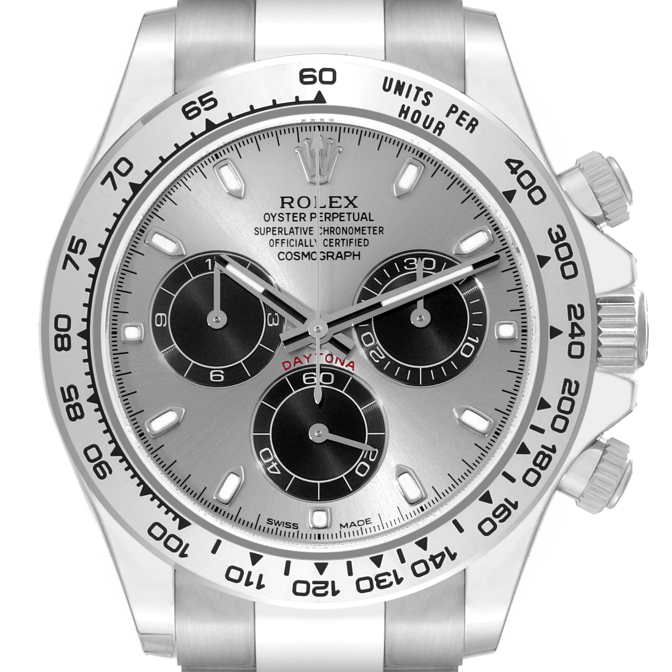 This image shows a front view of the Rolex Daytona 116509 Men's White Gold Silver Dial 116509 Men's White Gold Silver Dial watch, highlighting its face, bezel, sub-dials, and crown.