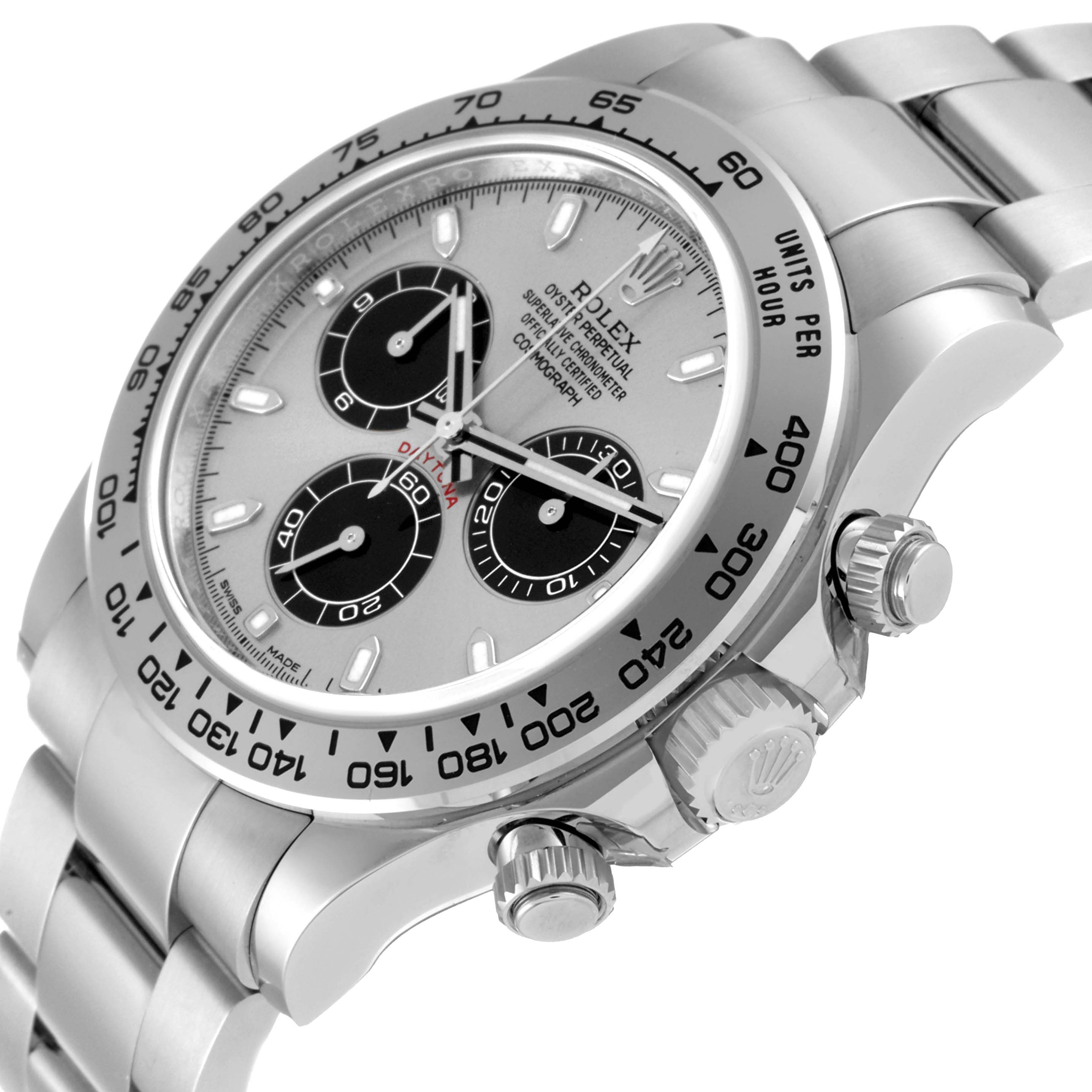 The image shows a close-up angle of a Rolex Daytona 116509 Men's White Gold Silver Dial 116509 Men's White Gold Silver Dial watch, highlighting the bezel, dial, crown, and pushers.