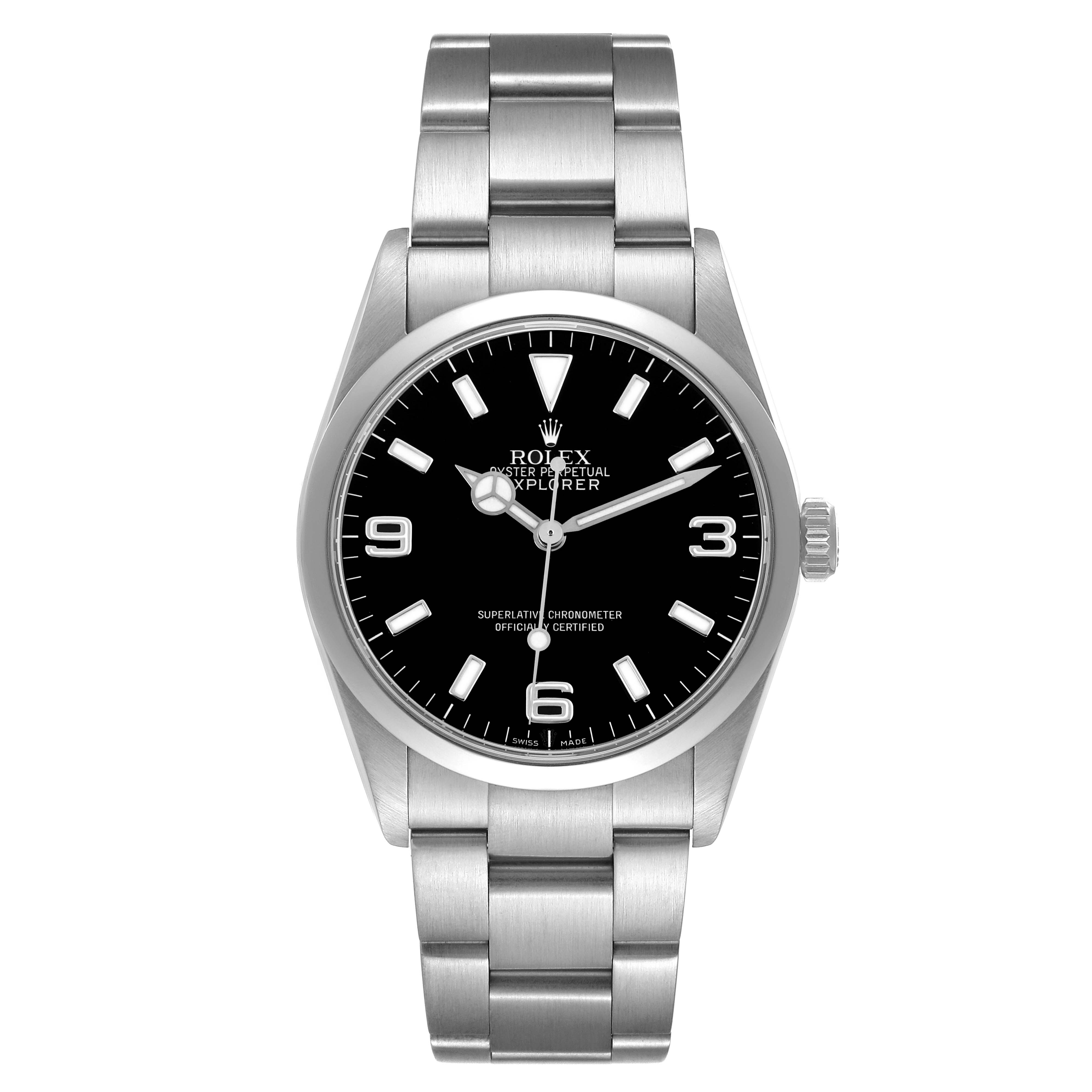 The Rolex Explorer 114270 Men's Stainless Steel Black Dial 114270 Men's Stainless Steel Black Dial watch is shown face-on, displaying the dial, bezel, crown, and bracelet.