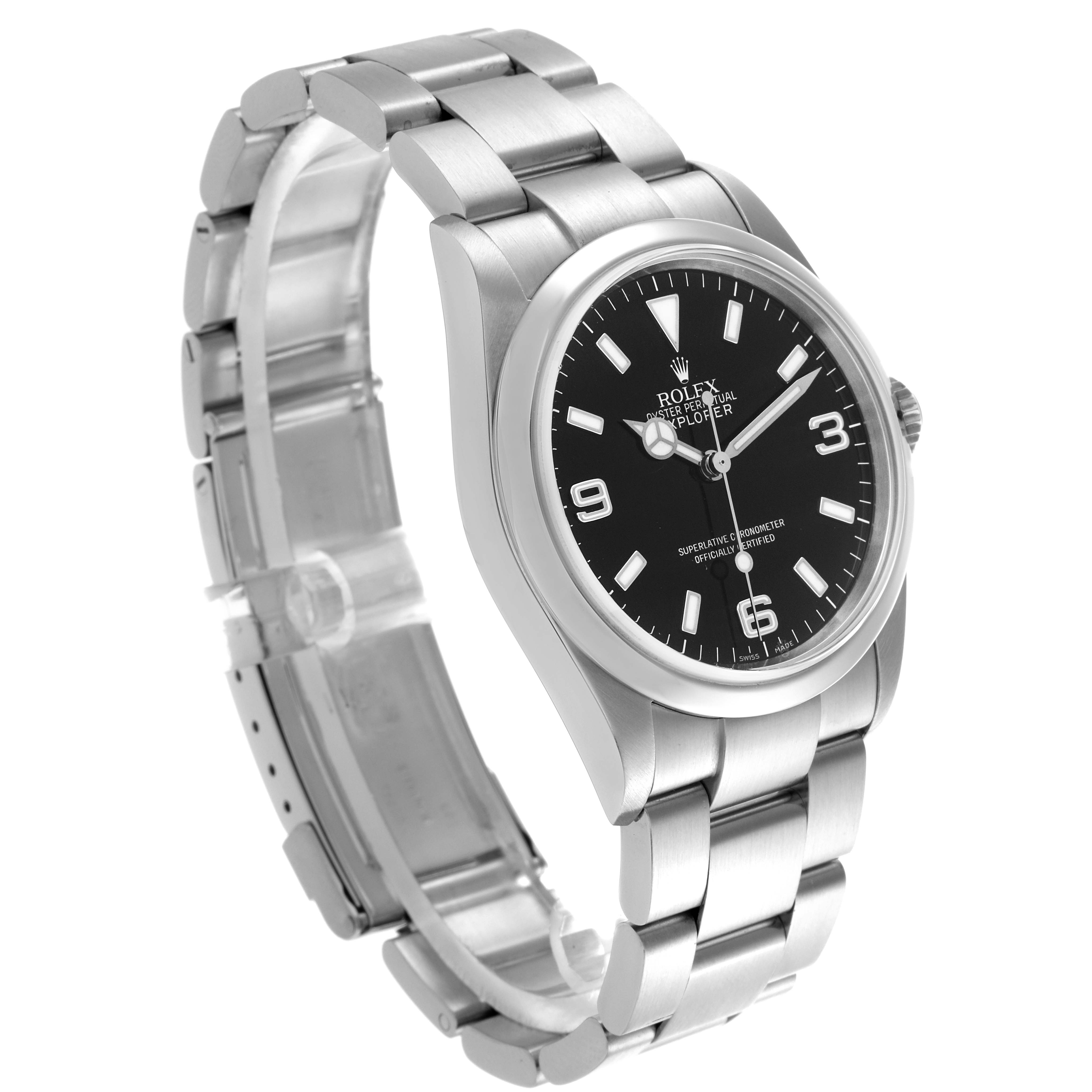 The Rolex Explorer 114270 Men's Stainless Steel Black Dial 114270 Men's Stainless Steel Black Dial watch is shown at a three-quarter angle, displaying its face, bezel, and part of the bracelet.