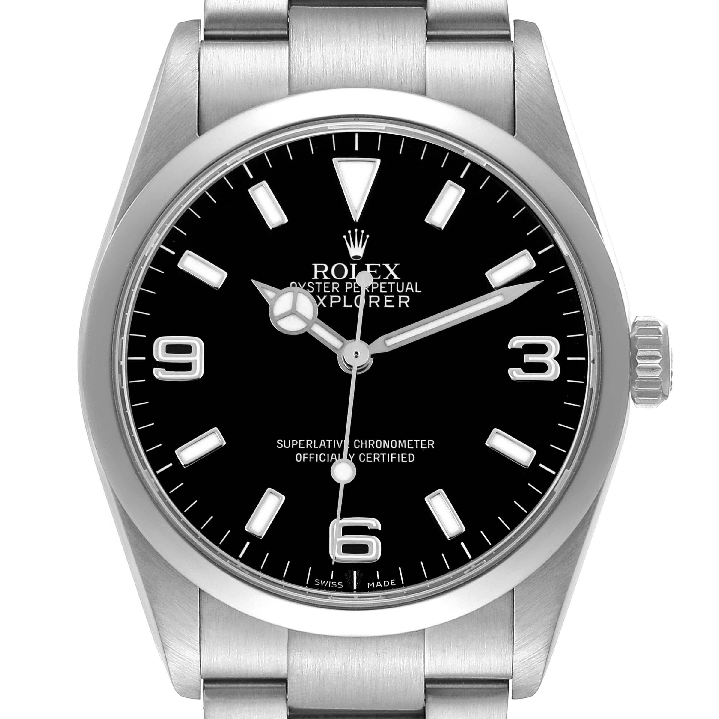 The Rolex Explorer 114270 Men's Stainless Steel Black Dial 114270 Men's Stainless Steel Black Dial watch is shown from a front view, displaying the dial, bezel, and bracelet.