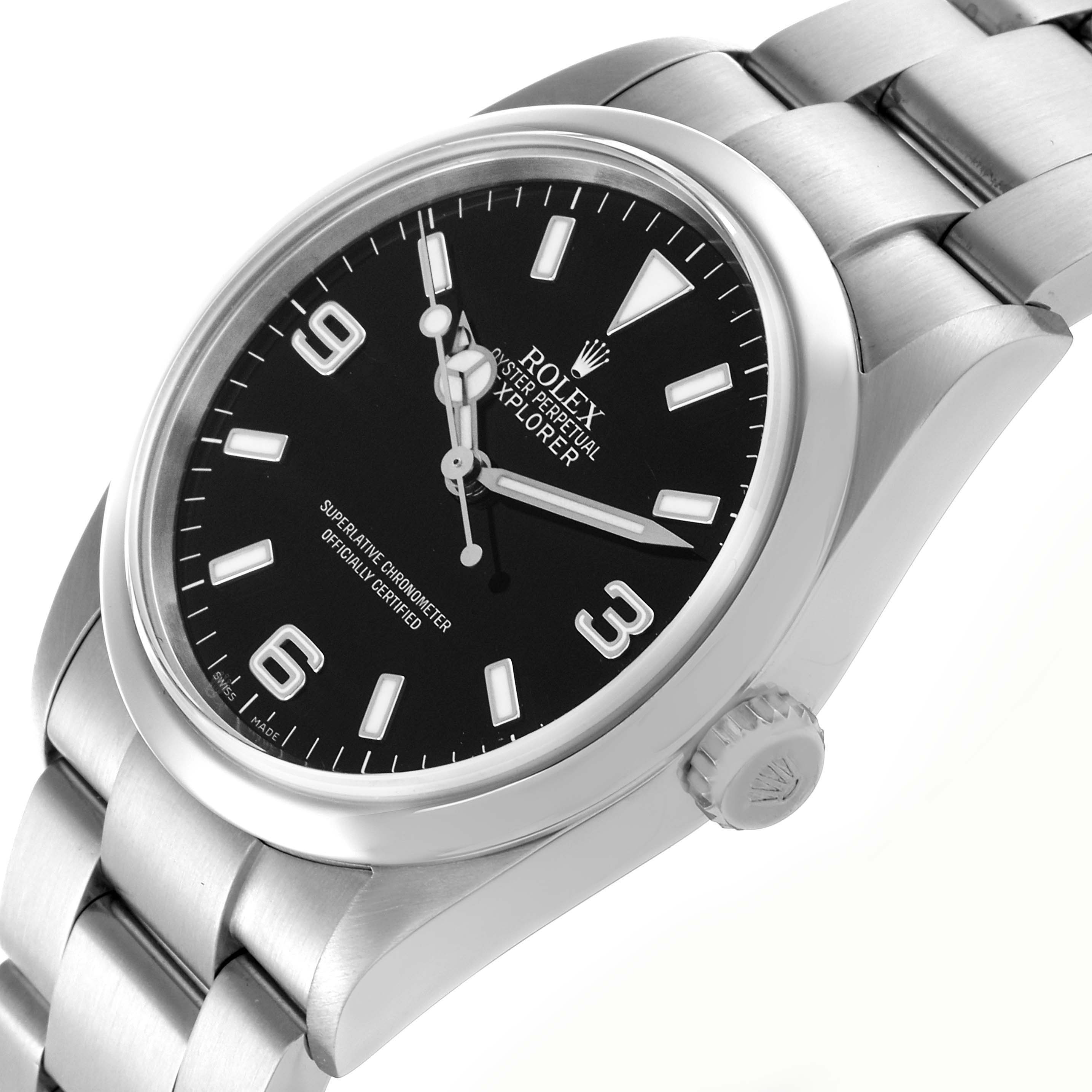 The Rolex Explorer 114270 Men's Stainless Steel Black Dial 114270 Men's Stainless Steel Black Dial watch is shown at a slight angle, highlighting the dial, bezel, and part of the bracelet.