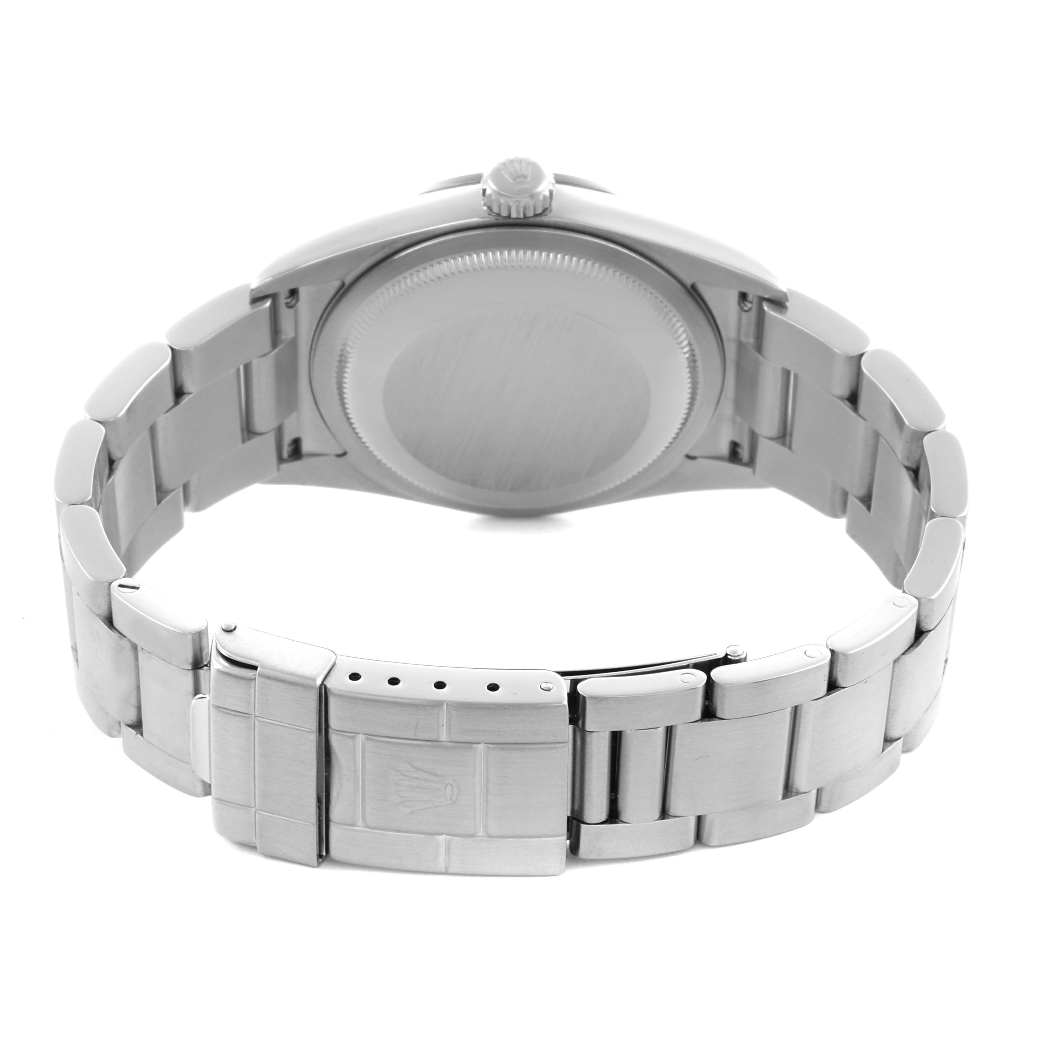 The image shows the back and clasp of a Rolex Explorer 114270 Men's Stainless Steel Black Dial 114270 Men's Stainless Steel Black Dial watch, highlighting the bracelet and case back.