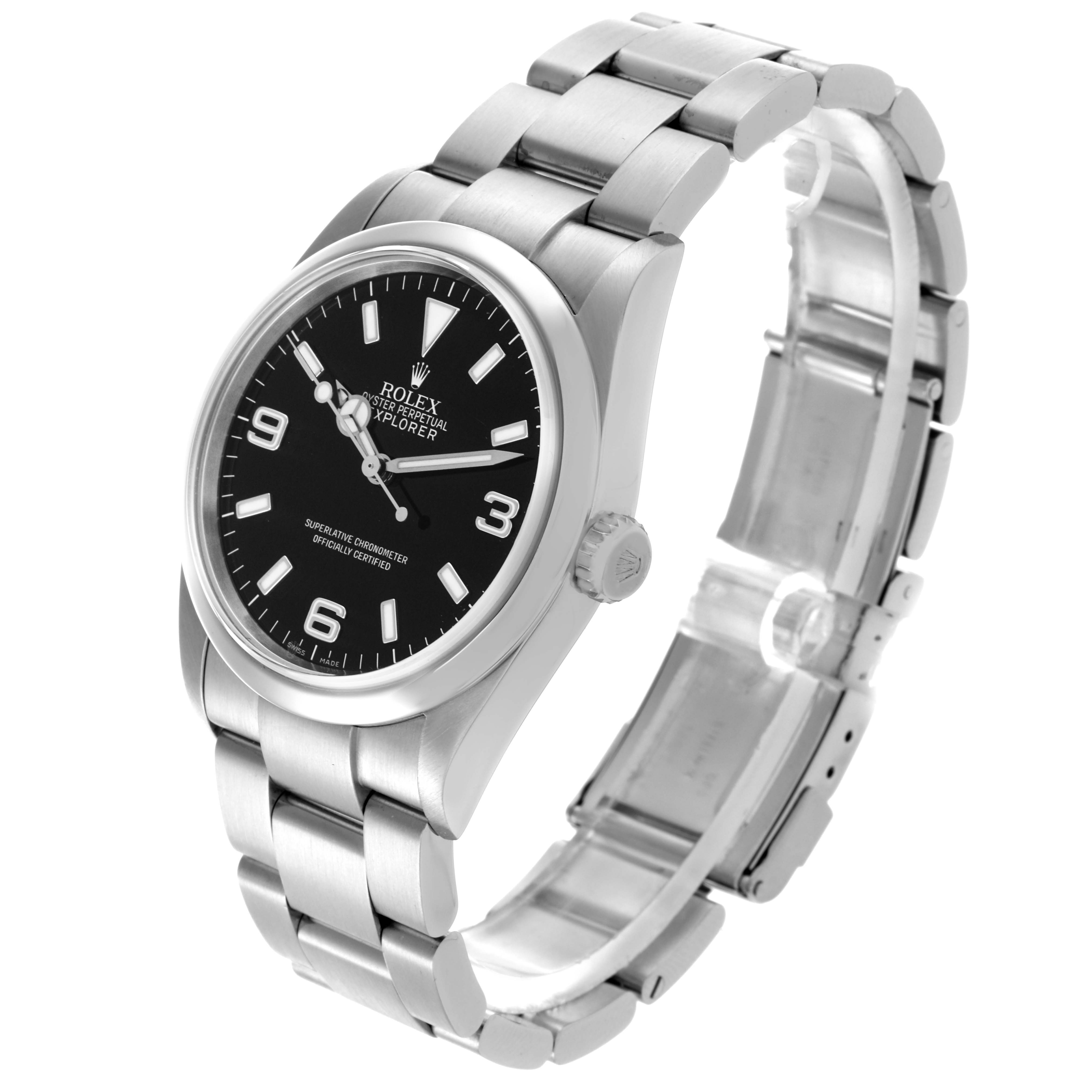 The Rolex Explorer 114270 Men's Stainless Steel Black Dial 114270 Men's Stainless Steel Black Dial watch is shown at a three-quarter angle, displaying the face, bezel, crown, and bracelet.