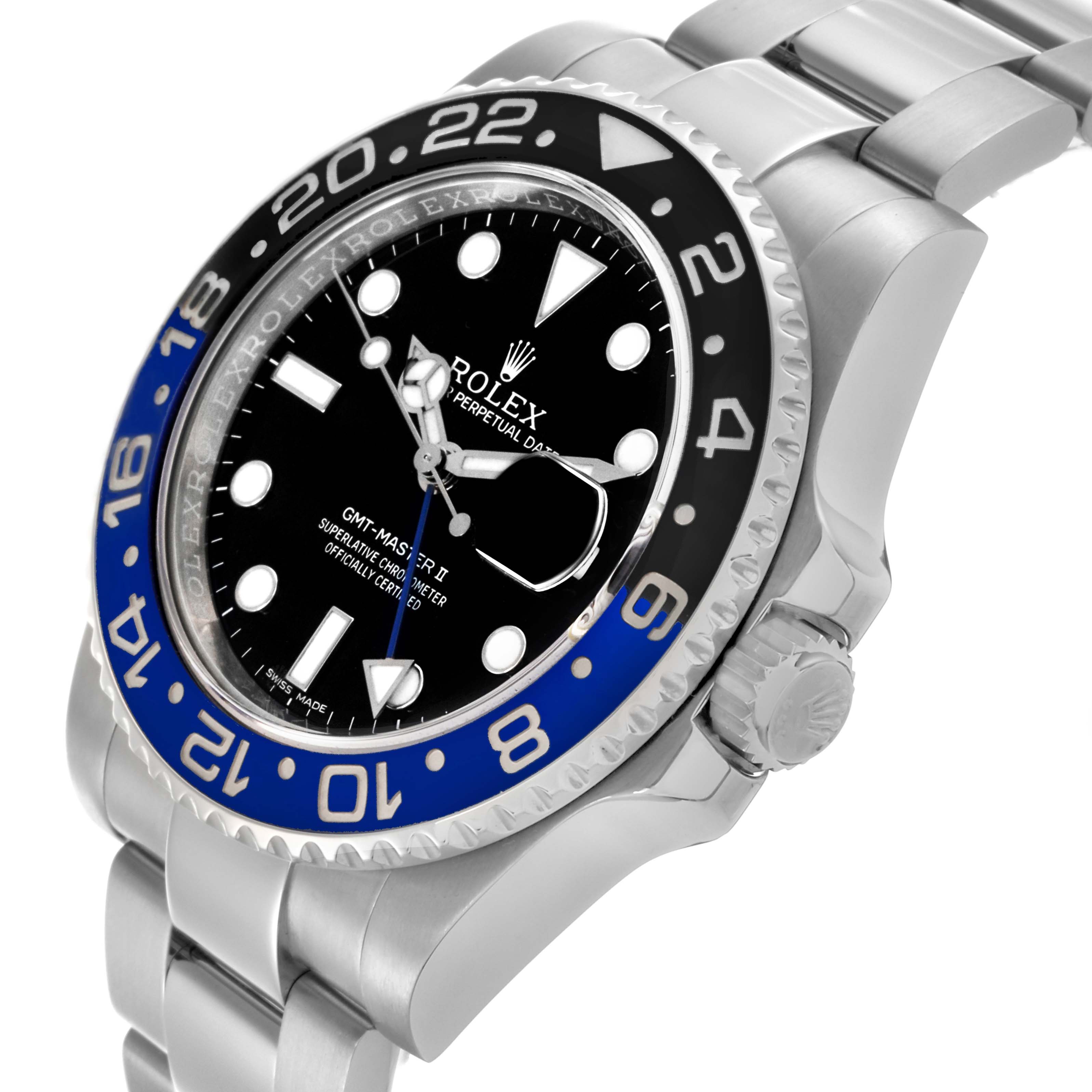 The Rolex GMT-Master 116710BLNR Men's Stainless Steel Black Dial 116710BLNR Men's Stainless Steel Black Dial watch is shown at an angled side view, highlighting the bezel, crown, and bracelet.