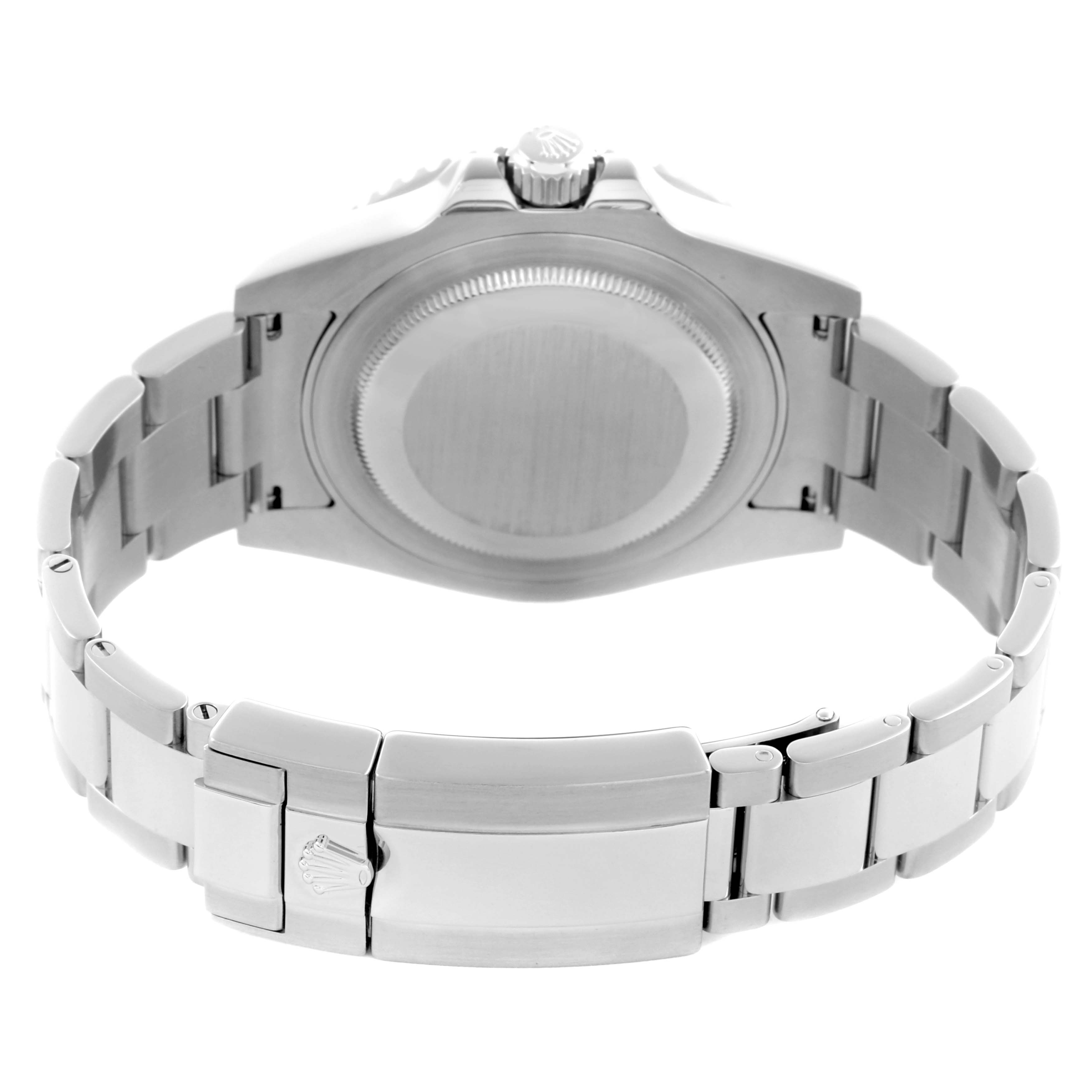 The image shows the back case and bracelet of a Rolex GMT-Master 116710BLNR Men's Stainless Steel Black Dial 116710BLNR Men's Stainless Steel Black Dial watch from an underside angle.