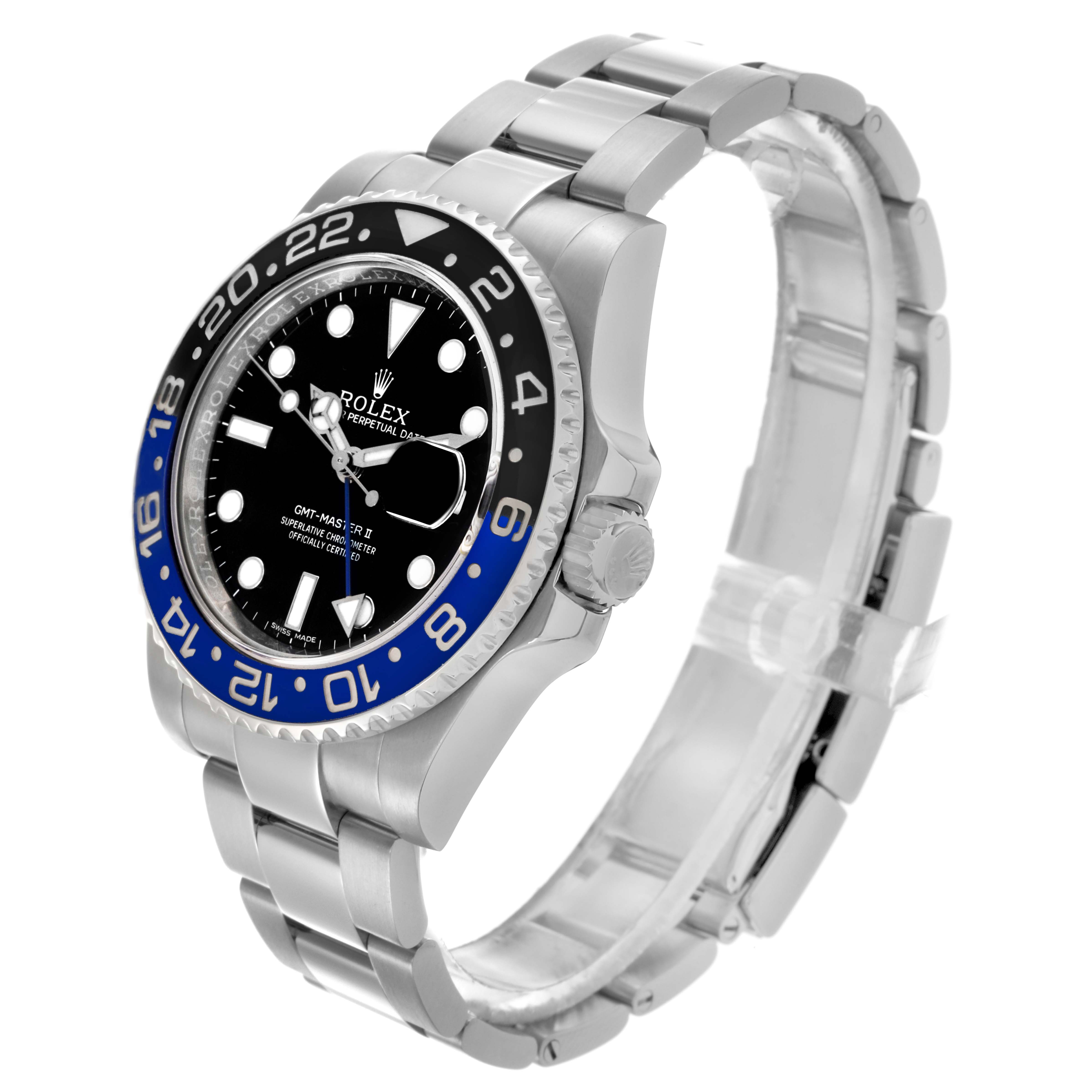 The Rolex GMT-Master 116710BLNR Men's Stainless Steel Black Dial 116710BLNR Men's Stainless Steel Black Dial watch is shown at a side angle, highlighting the bezel, case, dial, and bracelet.
